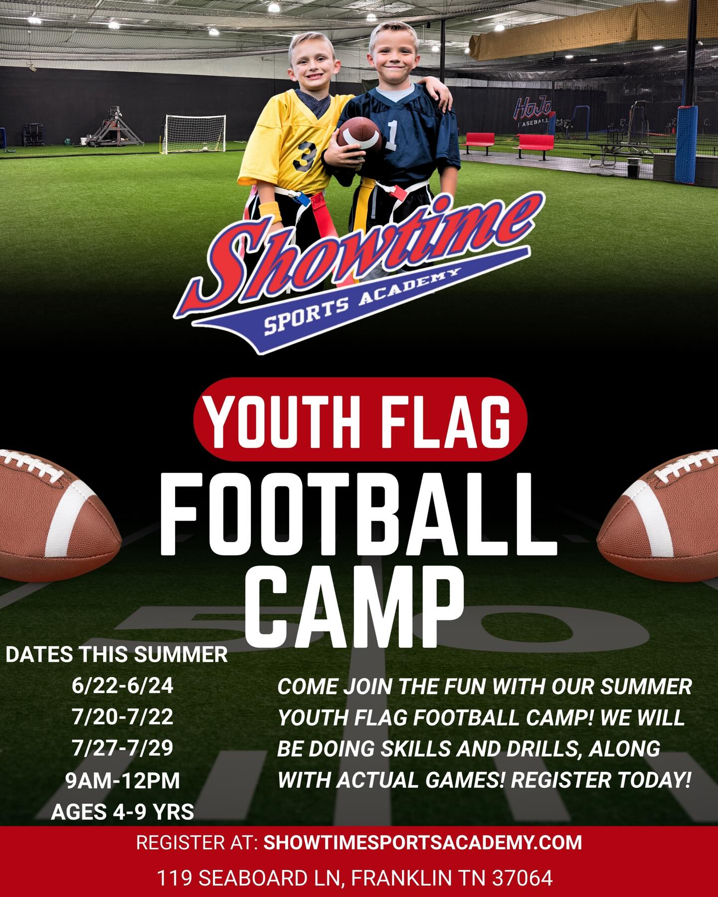 Showtime Summer Camp Lineup #3 - This summer come have some fun playing flag football at Showtime! These camps will give your young football fanatic a chance to not only take reps, but go through drills, work on routes, and play live games! 🏈Register today!