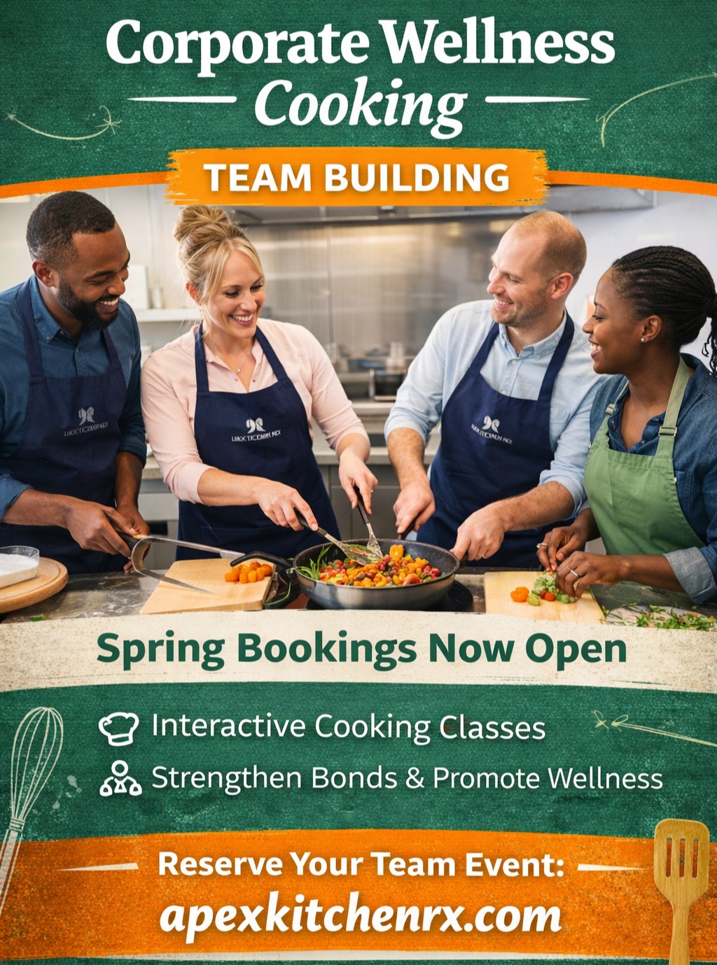 Looking for a unique way to bring your team together this spring?
Apex Kitchen Rx offers Corporate Wellness Cooking Experiences designed to strengthen team connections while promoting healthy habits. Your team will cook, collaborate, and share a meal together in a fun, hands-on environment.
Perfect for:
• Team building events
• Employee wellness programs
• Leadership retreats
• Client appreciation experiences
📅 Spring bookings now open
Reserve your team event:
https://apexkitchenrx.com