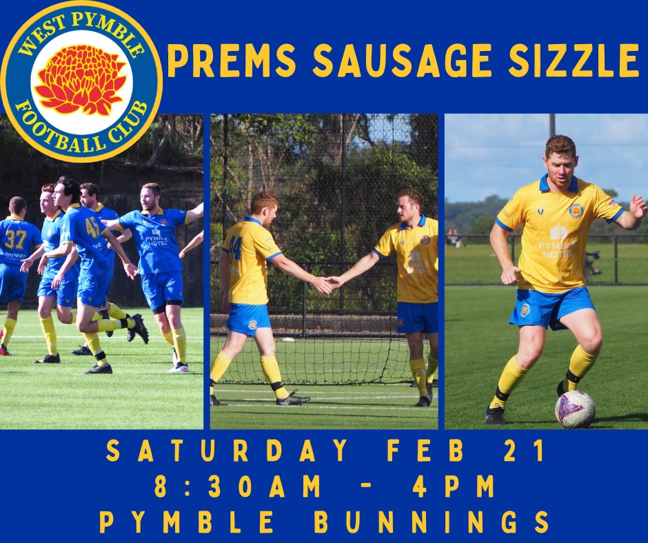 It’s Saturday Sausage Sizzle time! 💛💙
Come along to Pymble Bunnings and grab a Sausage Sizzle, hosted by the WPFC Men’s Premier League team!
Saturday Feb 21, from 8.30am!
Don’t forget that registrations are open, register now and join WPFC for a great 2026 season! 💛💙