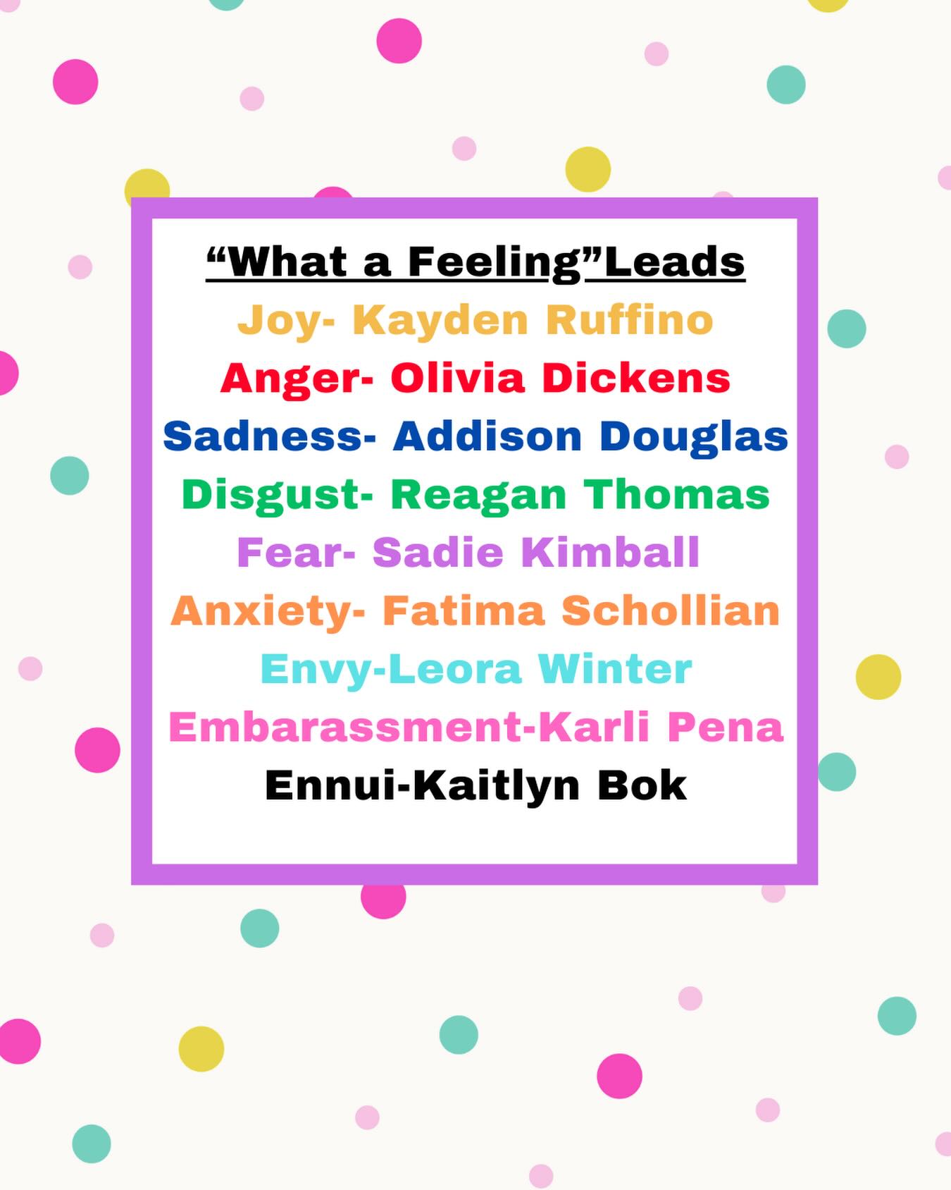 🔵🔴🟣🟡🟢🟠Next up: Our May Showcase “What a Feeling” inspired by the movie Inside Out 🤗 Shows will take place May 16-17th. Congratulations to all our leads!
.
.
.
#insideout #mayshowcase #leads #cantonga #singdanceact