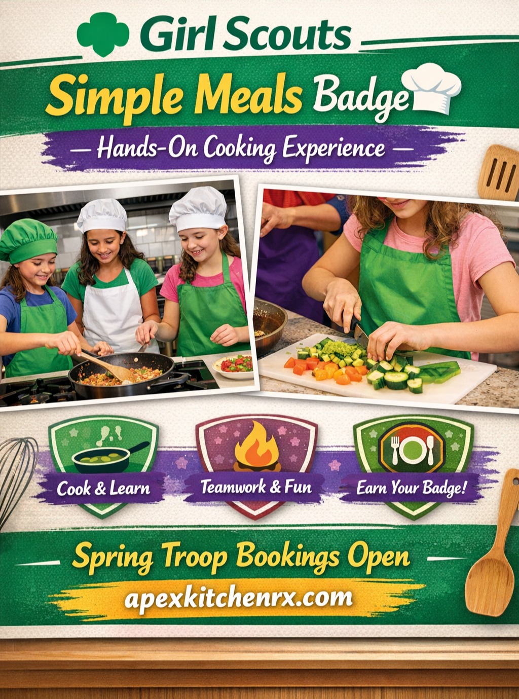 Girl Scout troops can now book a Simple Meals Badge cooking experience with Apex Kitchen Rx this spring!
Scouts will learn practical kitchen skills while preparing real meals they can make at home, building confidence and teamwork along the way. These hands-on classes are designed to help girls complete their Simple Meals badge requirements in a fun and supportive environment.
Perfect for troop outings, badge workshops, or special troop events.
📍 River Valley Arts Center
Wappingers Falls, NY
📅 Spring troop bookings now open
Reserve your troop’s experience:
https://apexkitchenrx.com
#GirlScouts #SimpleMealsBadge #GirlScoutBadges #HudsonValleyNY #KidsCooking #ApexKitchenRx
