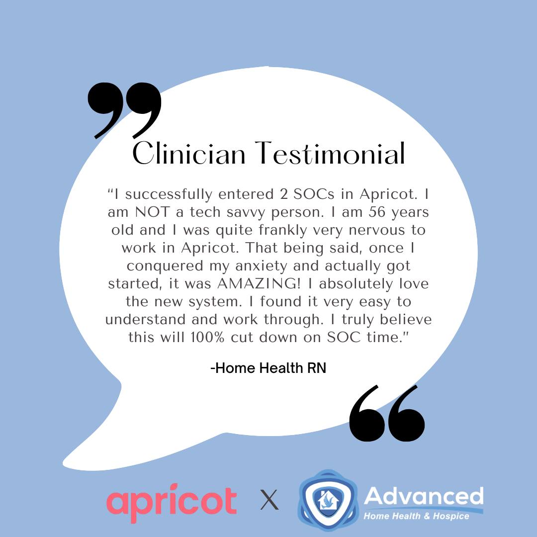 Start of Care just got easier. Our clinicians are streamlining documentation with Apricot AI and seeing real time-saving results.
#AdvancingTogether #HomeHealth #Hospice #ApricotAI