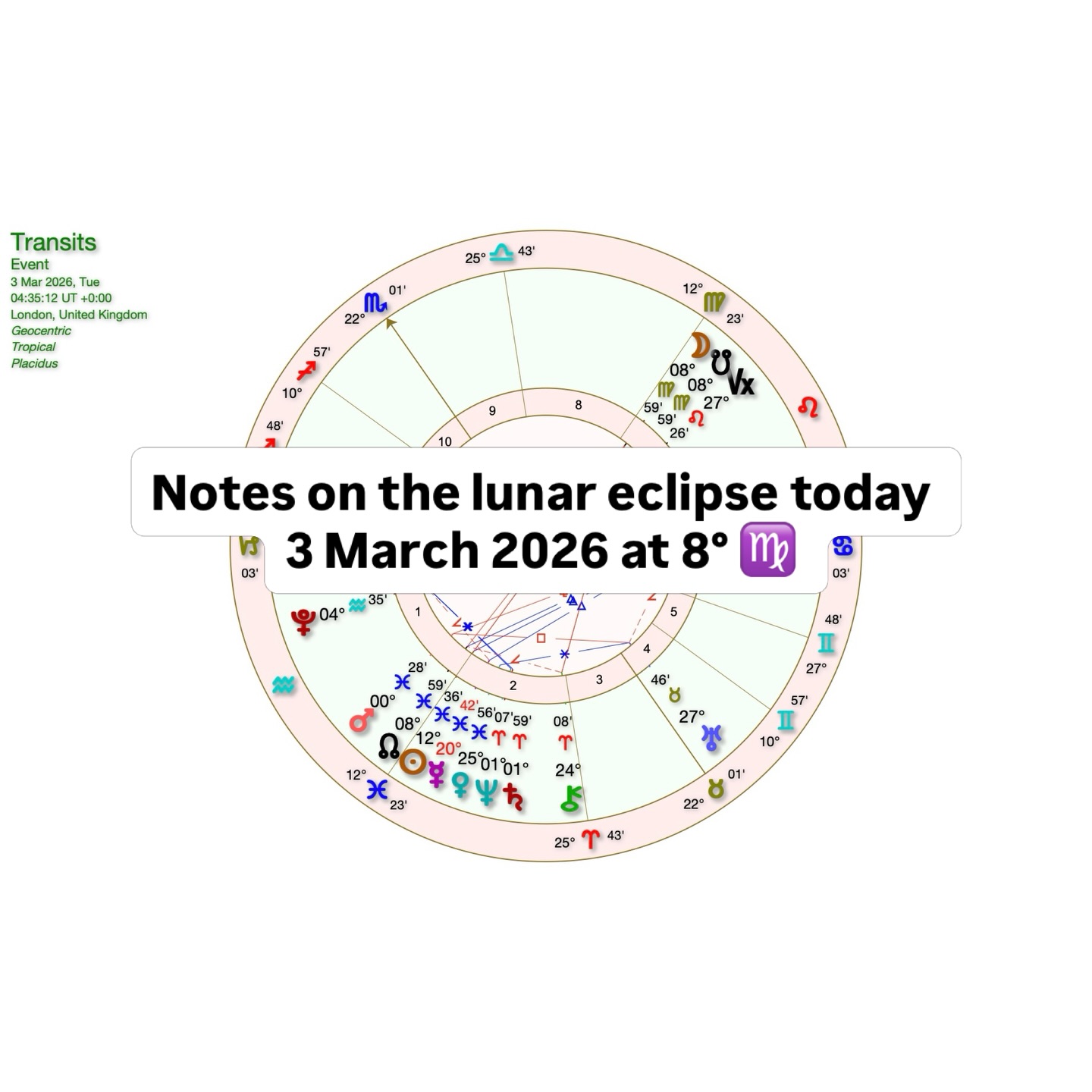 This morning’s total lunar eclipse chart evidences the unpredictability of the current quality of time.
It mirrors what we are all feeling.
A disruption to the usual flow, revealing both the things we need to release & also illuminating the shadows of the past which can pull us back if we haven’t acknowledged they are there.
Full moons in general require us to let go, but lunar eclipses involve a conjunction to the south node which make it karmic. This is the collective shadow we’re experiencing.
The prevalence of pisces energy right now is amplifying our emotions, Jupiter in cancer trining the stellium takes that to another level. Mars square Uranus is explosive but as it’s in pisces (along with mercury retrograde also in pisces) it obscures clarity & clear thinking.
It’s all so subjective.
Use this time to tap into the medicine of Virgo. Return to the body, to the rituals and routines that keep you rested, nourished and sane. Stabilise, find your inner equilibrium where the outside noise cannot reach.
Release the temptation to control, to micromanage, to overanalyse.
To worry. It’s futile.
You don’t need to do much else but tend to your natural rhythm, nourish the body & stay steady. Keep it simple.
Eclipses repeat in 19 year cycles so last time we had a total lunar eclipse at this exact degree of Virgo was March 4th, 2007. Cast your mind back - where were you? What did you release? What did you grieve? What did you survive?
This eclipse also relates to seeds we planted at the new moon 18 months ago, 2 Sept 2024. What was buried then that you might need to address now?
#lunareclipseinvirgo #currentastrology #astrologyoftheday #astrologyinsights #astrologersofig
