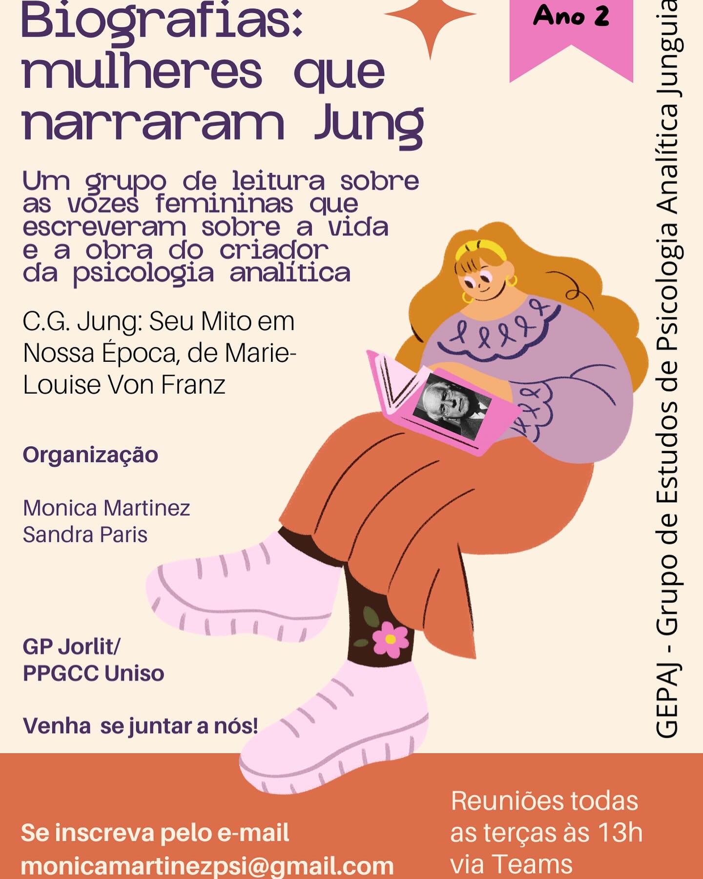 Retomamos, na próxima terça-feira, 3/3/26, às 13h, os encontros do Grupo de Leitura “Mulheres que narraram Jung”.
Os encontros são gratuitos e realizados pelo Teams. Venha se juntar a nós! Basta enviar e-mail para monicamartinezpsi@gmail.com.
#cgjung #psicologia #psicologiauniso #ppgccuniso #marielouisevonfranz #monicamartinezpsi