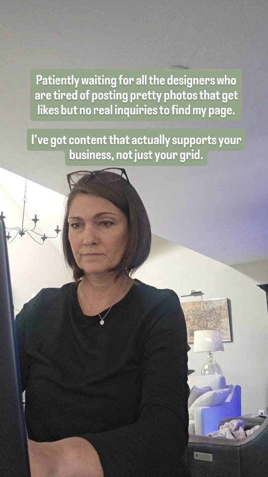 Tired of posting beautiful photos that rack up likes… but somehow never turn into real conversations?
Here’s the disconnect: pretty gets attention. Strategy gets inquiries.
If your content is only showing the finished room and never explaining the thinking behind it, the transformation, the process, the value… you’re building admiration, not momentum.
There’s nothing wrong with a stunning grid. But if that’s all it is, you’re missing the part that actually moves someone from “this is gorgeous” to “I need to work with her.”
If you’re ready for content that supports your business, not just your aesthetics, you’re in the right place.
Stick around.