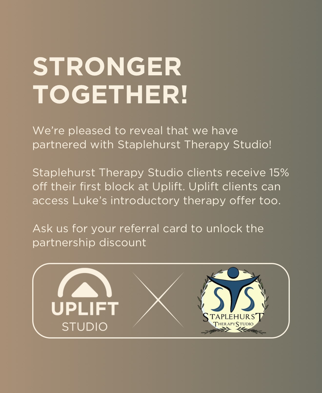 Big news for the Uplift community 🤝
We’ve officially partnered with Staplehurst Therapy Studio.
Why? Because training is only part of the equation. Recovery, injury prevention, and looking after your body properly is what keeps you progressing long term.
If you’re a Staplehurst Therapy Studio client, you’ll receive 15% off your first block of personal training at Uplift.
If you’re one of our clients, you’ll be able to access Luke’s introductory therapy offer too.
Stronger training. Smarter recovery. One local network supporting you properly.
Ask us in person for your referral card and we’ll get you sorted.
This is about building something bigger than just a gym. It’s about creating a proper support system right here in Staplehurst!
#upliftstudio #staplehurst #strongertogether #sportsmassagetherapist #training