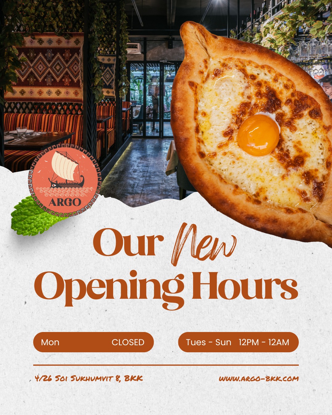 Please note our updated opening hours at ARGO Georgian Bar & Grill, Sukhumvit Soi 8 🇬🇪
❌ We are now CLOSED on Mondays.
✅ Open Tuesday to Sunday, 12:00 PM - 12:00 AM.
Join us for lunch, dinner, and late evenings in the heart of Sukhumvit for authentic Georgian food in Bangkok!
📍 ARGO, Sukhumvit Soi 8 | 📞 +66 88 686 4393
#ARGOBKK #GeorgianRestaurantBangkok #BangkokRestaurants #SukhumvitEats #อาหารจอร์เจีย