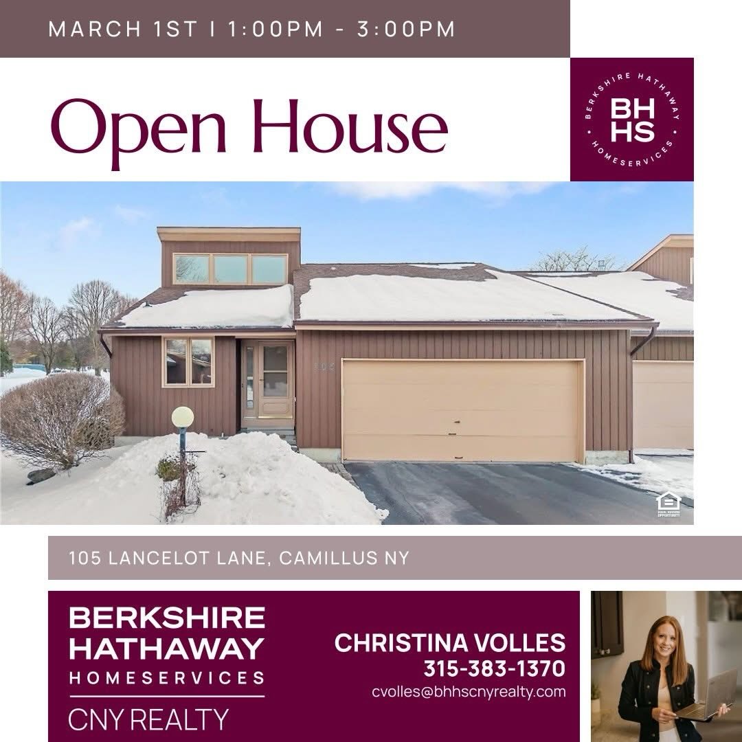 🏡 Open House Tomorrow at 105 Lancelot Lane
Stop by and tour this well‑kept single‑level townhome in the heart of Camillus.
- ✨ Bright, open layout with updated gas fireplace
- 🛏️ 2 bedrooms • 🛁 2 full baths
- 🧺 Main‑level laundry
- 🌿 Private porch + spacious basement
📅 Sunday, March 1st
⏰ 1–3 PM
MLS #S1664137 | $269,900
Christina Volles, NYS Real Estate Salesperson
BHHS CNY Realty
5099 W Genesee St
Camillus, NY 13031
Additional Details: https://www.bhhscnyrealty.com/ny/105-lancelot-lane-camillus-13031/pid-428749418