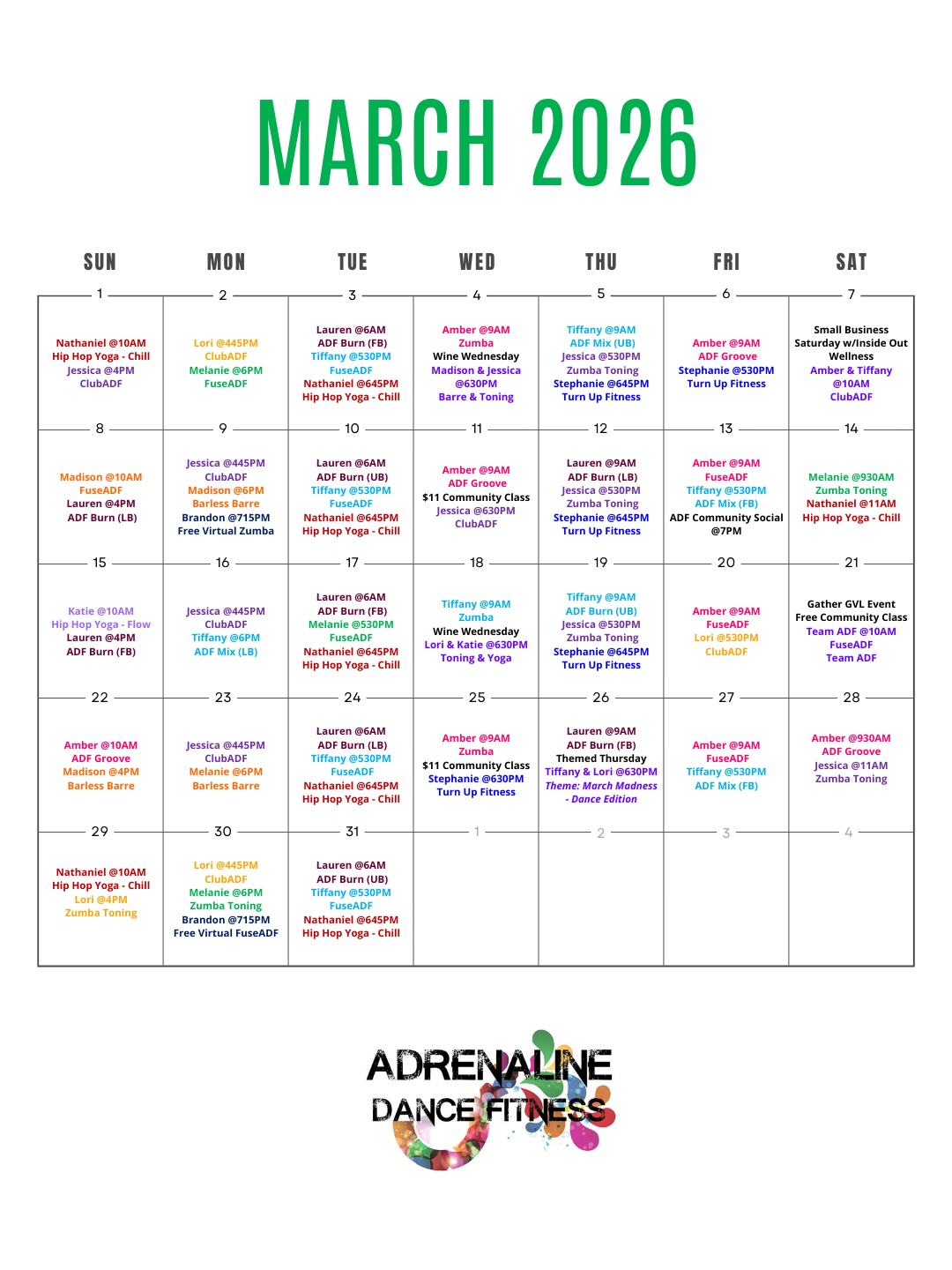 2026 marches on 🥁
Mark your calendars for these special dates:
💚 3/7: Small Business Saturday w/Inside Out Wellness
💃 3/9: FREE Virtual Zumba w/Brandon
🪩 3/11: $11 ClubADF Community Class w/Jessica
💜 3/13: ADF Community Social
⚡️ 3/21: FREE FuseADF Community Class at @gathergvl w/Team ADF
💋 3/25: $11 Turn Up Fitness Community Class w/Stephanie
🏀 3/26: Themed Thursday - March Madness Dance Edition w/Tiffany & Lori
⚡️ 3/30: FREE Virtual FuseADF w/Brandon
See you in the studio… or out and about! 💜
#yeahthatgreenville #greenvillesc #gvl #greenvillefitness #greenvillelifestyle