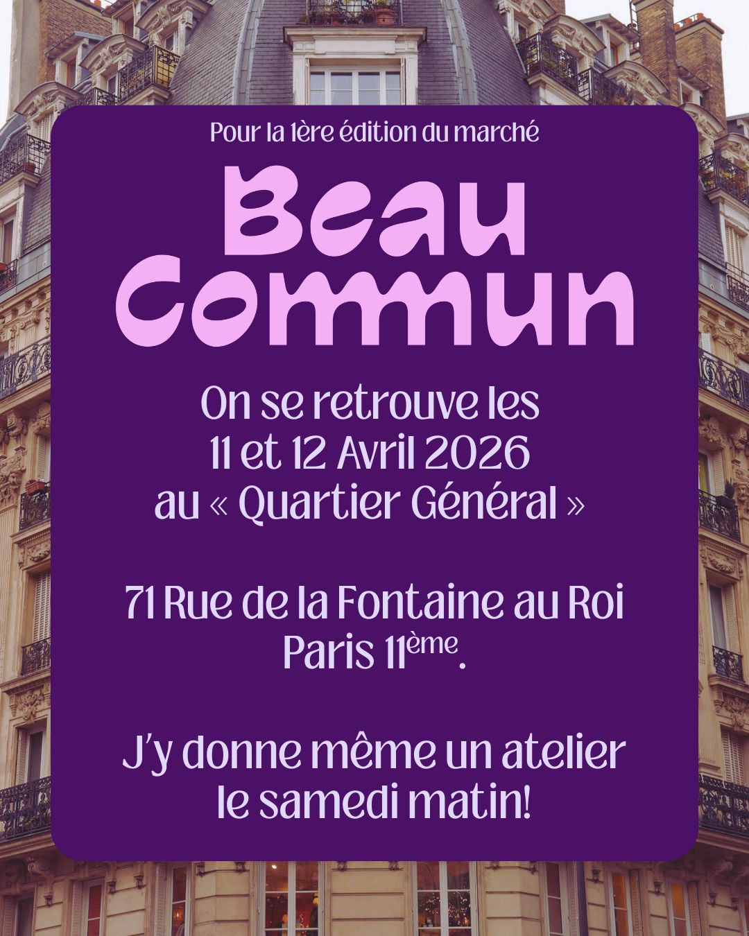 On se retrouvera pour la première fois à Paris pour la première édition du marché @beaucommun (suivez le compte pour voir la sélection de créateur et toutes les infos!) , et aussi pour mon premier atelier, et la sortie des nouveaux coffrets ( que de premières!)
Est-ce que je suis déjà stressée? évidemment que OUI
j'espère que vous serez au rendez-vous parce que, comme d'habitude je suis terrorrifiée à l'idée de me retrouver solo (alors qu'il n'y a pas de raison, que ce n'est jamais arrivé et que je vais, sans doute, écrire à tous les copains parisiens pour leur dire que je suis là XD )
"Pour ce tout premier rendez-vous, Beau Commun vous propose une sélection de plus de 40 Créateurs de tout horizon. Des artisans aux univers variés, au savoir-faire unique, proposant des pièces originales, locales et durables. Une expérience placée sous le signe d’une consommation éthique et responsable, sans renoncer au plaisir de se faire du bien, ni à celui d’offrir.
Un pop-up festif où vous pourrez retrouver de la mode, du bijoux, de la maroquinerie, de la céramique, de la décoration intérieure, des illustrations, des produits de beauté et de bien-être, du loisir créatif, de l’enfant, des produits zéro déchets, des créations gourmandes… "
les 11 et 12 Avril 2026 au « Quartier Général » – 71 Rue de la Fontaine au Roi – Paris 11ème.
M° Couronnes (L2), Belleville (L2 et 11), Goncourt (L11) et Parmentier (L3)
Horaires d’ouverture : Samedi 10h – 20h / Dimanche 10h – 19h
Entrée libre et gratuite