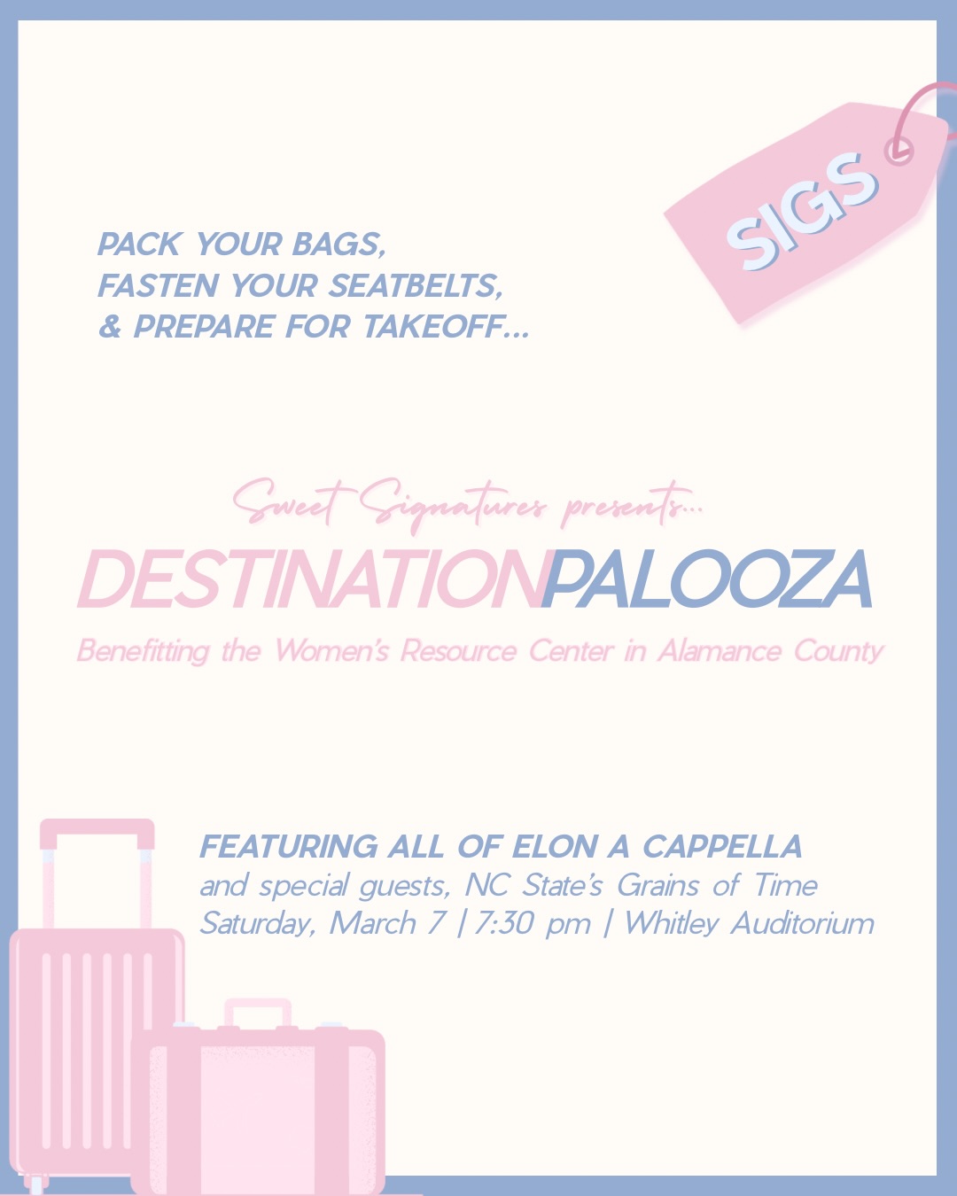 Elon A Cappella is taking a trip....and you’re all invited on board! Our annual Acapalooza concert is this Saturday, and the theme is Destination📍Palooza. We also can’t wait to welcome the NC State Grains of Time as our guest performers. Find us in Moseley from 11-4 all week to grab your tickets!
We are beyond thrilled to be partnering with
@womens_resource_center_ac once again this year, and we would love your help in reaching our fundraising goal. Sweet love, and see you in the sky✈️💕
