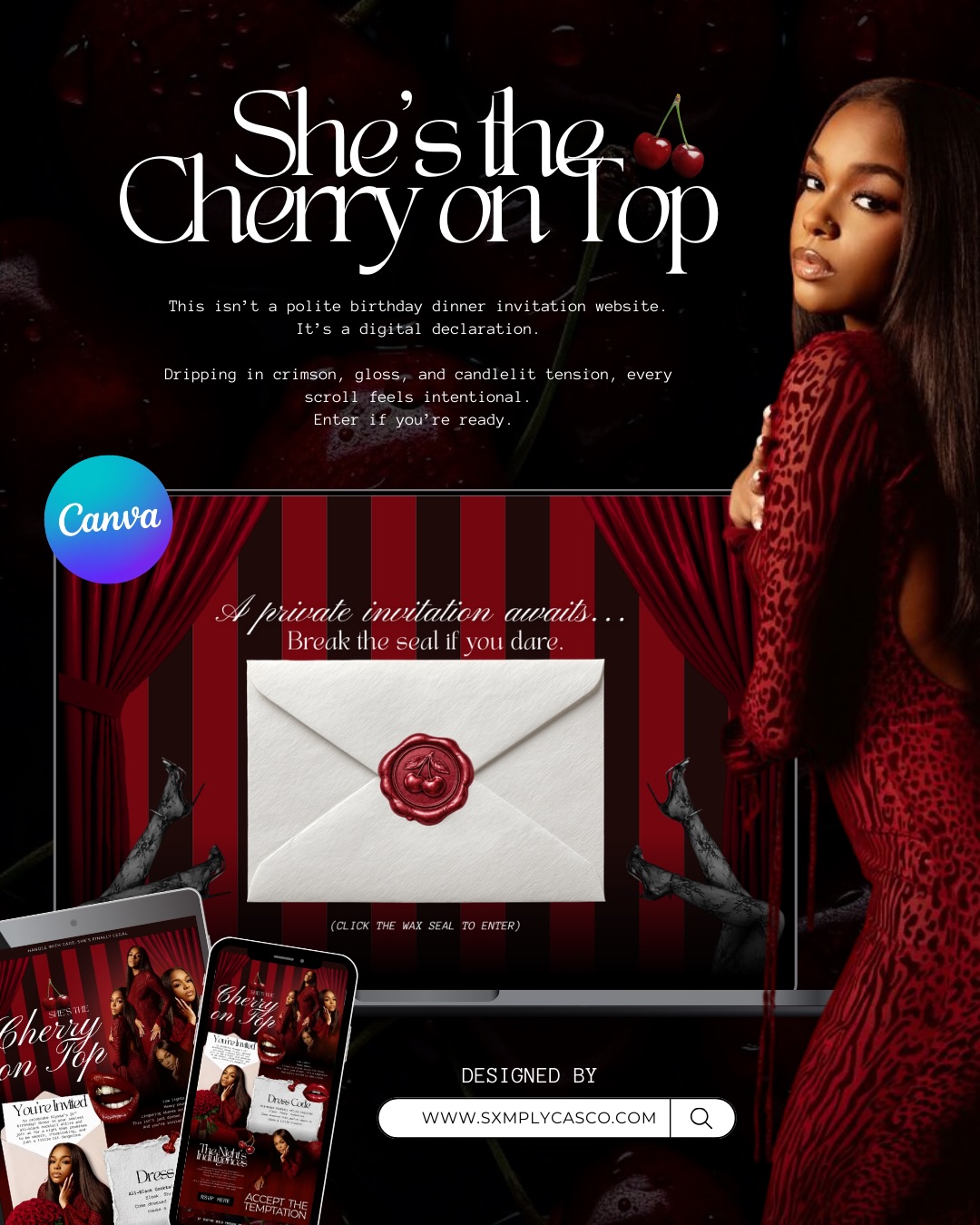 She’s the Cherry on Top. 🍒✨
A custom birthday dinner invitation website designed to set the tone before guests even arrive. Dark. Dramatic. Unforgettable.
Your event deserves more than a group text and a Canva flyer. Now offering custom & premade invitation websites hosted on Canva, perfect for birthdays, milestone celebrations, luxury dinners, girls trips, bridal events, and launch parties.
Spice up your highly anticipated event with a scroll-style website that includes your theme, dress code, event details, RSVP links, and all the vibes in one place. Easy to share. Mobile friendly. Budget friendly.
Now available at www.sxmplycasco.com
#dmvgraphicdesigner #atlgraphicdesigner #dmv #canvadesigner #findmydesign