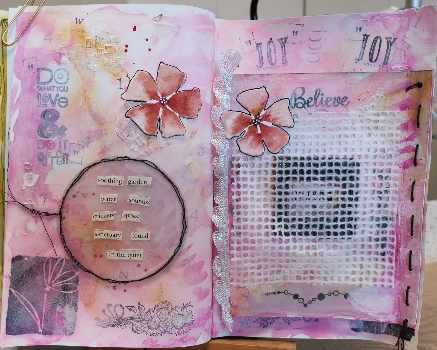 Soothing garden
water sounds
crickets spoke
sanctuary found
in the quiet
I love found poems! Done in my art journal gesso, acrylic inks, stamps on tissue paper, and modeling paste through stencils. The circle is plastic.
The peekaboo window is a plastic slide frame from Germany circa 1960's.
Sueño is the Spanish word for "dream", which is my word of the year!
#wanderlust26class #eaclasses #everythingartuk @christinekarpiak