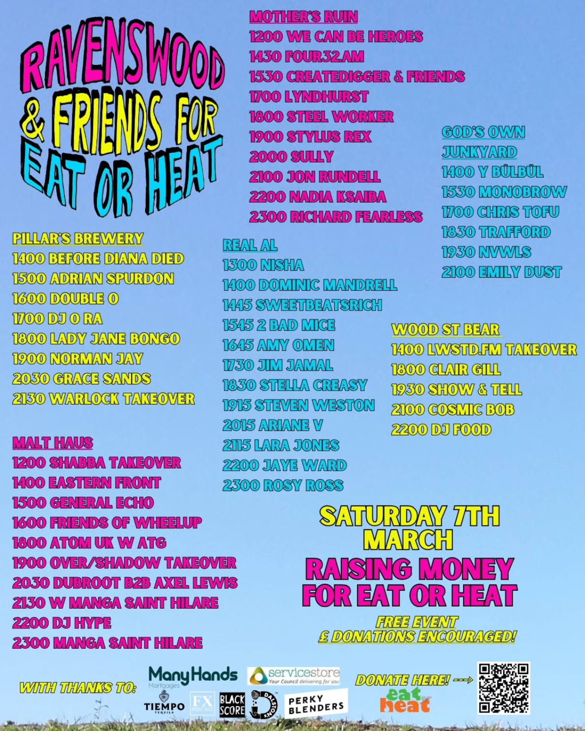 **THIS WEEKEND AMIGOS**
📆 Saturday 7th March
📍Ravenswood Industrial Estate, Walthamstow
⏰ 2pm onwards
🎶The annual multi-venue fundraiser, raising much -needed donations for East London foodbank @eatorheat
Thanks to @byrdout there are some huge names on the bill...
⭐ Carnival royalty @normanjaymbe
⭐ DnB don @djhype\_playaz returning to @wheelupsoundsystem
⭐ Underground hero ™ @justgrace7
⭐@dj.mantra
⭐DJ Food aka @strictlykev
⭐Richard Fearless aka @deathinvegasmusic ⭐@nadiaksaiba
...and many more!
You know the drill- big names, local crate diggers, family friendly in the day, ravers in the night, all raising £££ for Eat Or Heat.
It’s always an incredible day of music across the venues of Ravenswood Industrial Estate, Walthamstow. To date they've raised over £75,000, thanks to the generosity of punters, venues and sponsors!
🎟️ The event is FREE with donations on the day strongly encouraged