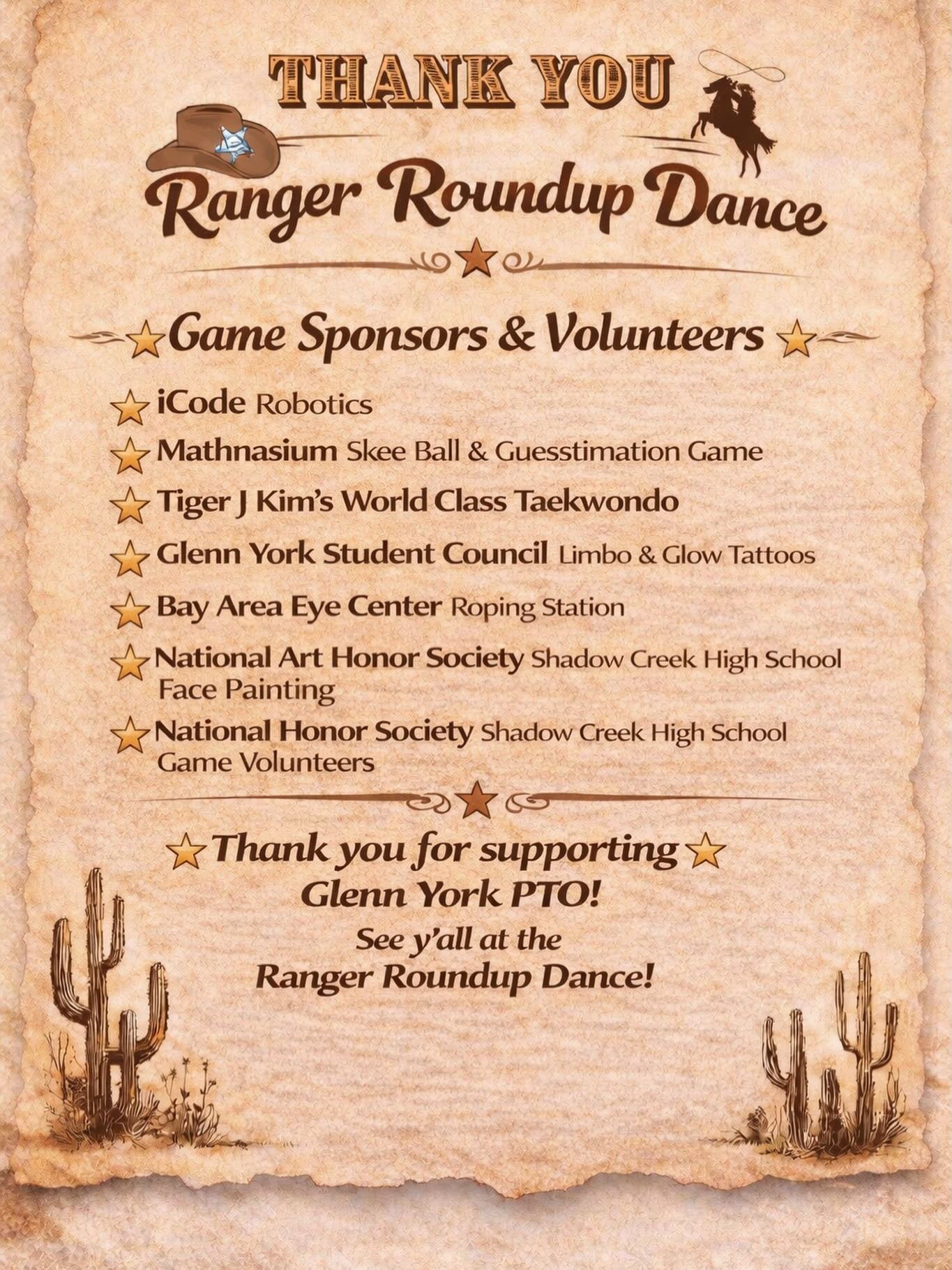 Thank you to our amazing Game Sponsors and Volunteers! We appreciate your support! 🤠⭐
See y’all tomorrow at the Ranger Roundup Dance!