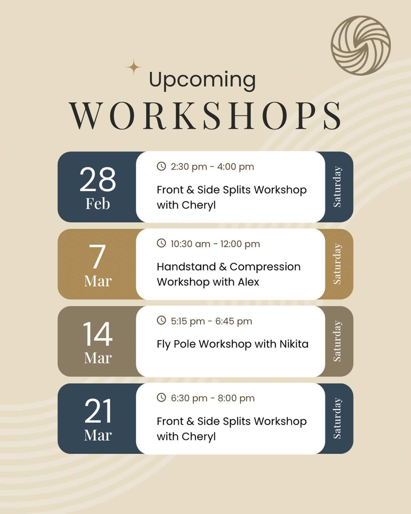 NEW WORKSHOPS ARE HERE
Ready to level up your training, check off your Sway 100 goals, or make progress on something you’ve been working toward? We’ve got some incredible workshops coming up — and they’re all open to every level!
Here’s what’s on the schedule:
Front & Side Splits with Cheryl
📅 Feb 28 at 2:30 PM
📅 Mar 21 at 6:30 PM
Build stronger, flatter splits with active + passive flexibility training designed to create beautiful lines in the air.
Handstands & Compression with Alex
📅 Mar 7 at 10:30 AM
Develop the strength and control needed for press-ups, freestanding handstands, trapeze mounts, and powerful inversions.
Fly Pole Workshop with Nikita
📅 Mar 14 at 5:15 PM
Train skills on static pole before taking them to the fly pole — build confidence, control momentum, and try something new!
Whether you’re working toward your Sway 100, chasing a specific skill, or just want a focused training session to push your progress, these workshops are designed to support YOU.
💛 All levels welcome
💛 Members receive workshop discounts
💛 Big goals, small wins, we celebrate it all
Spots are limited — grab yours and let’s get stronger together!
#swayaerialfitness #Sway100