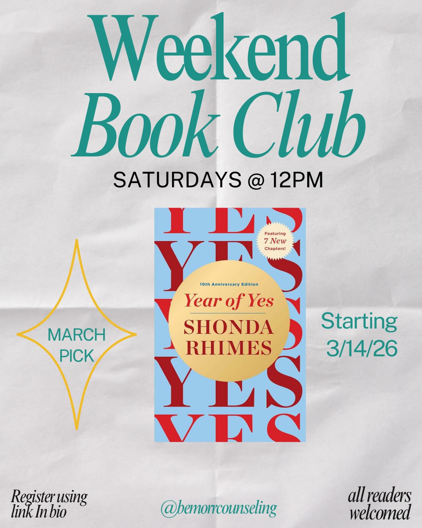 This month in our book club, weâre reading Year of Yes by Shonda Rhimes â a powerful reflection on fear, stretching beyond comfort zones, and saying yes to the life thatâs calling you.
If youâve ever felt held back by anxiety, self-doubt, or the need to stay âsmall,â this one is for you.
Read, reflect, and grow with us. đ¤ Because sometimes healing starts with one brave yes.
New members welcome! Weâd love to have you join the conversation with us, starting March 14th at 12 PM.
Link in bio to register or DM for details.
