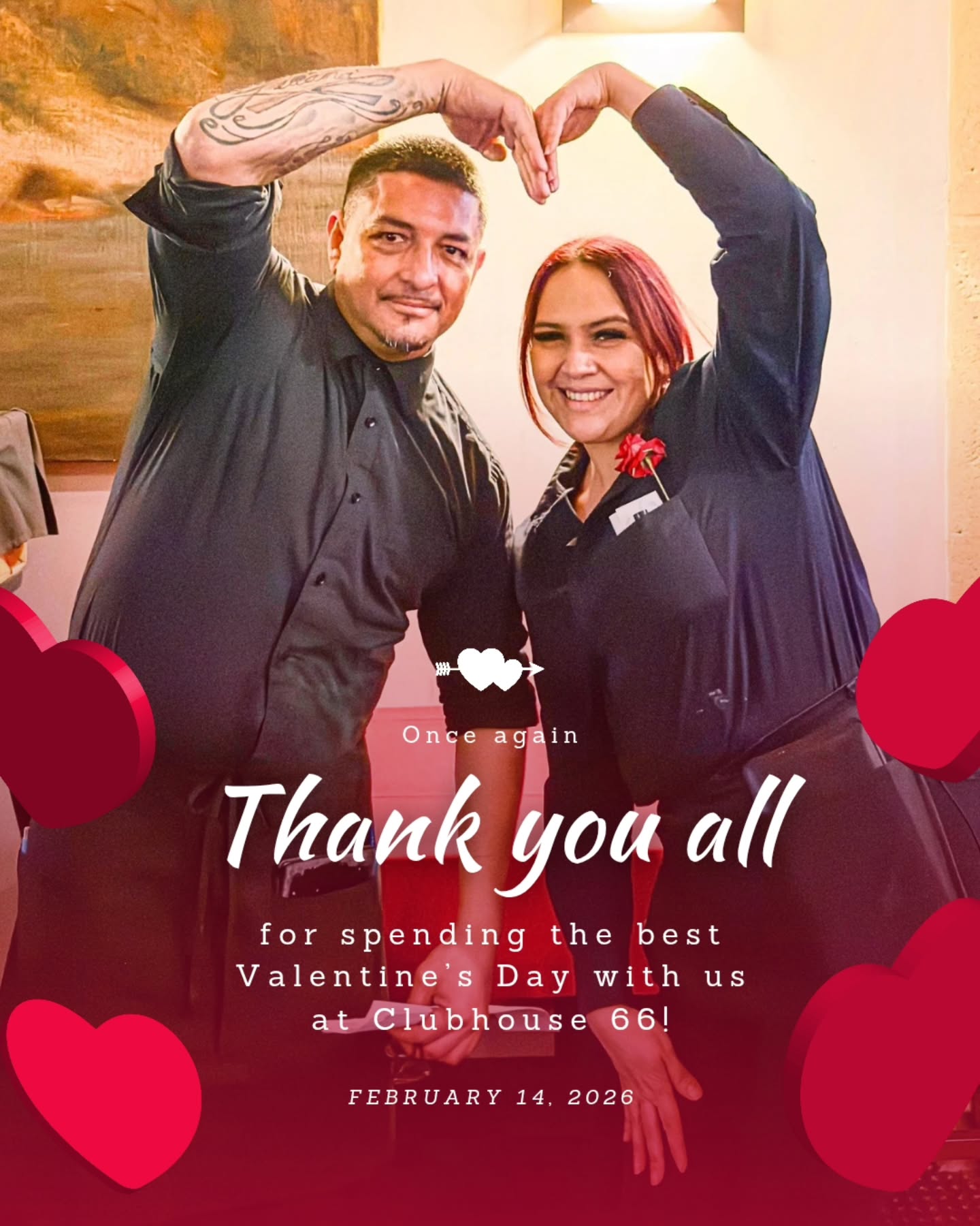 We’re still smiling from such an amazing Valentine's Day. Thanks again to everyone who joined us! You guys are the heart of our restaurant. ❤️
#Clubhouse66 #Glendora #ValentinesDay2026 #RestaurantLife #Grateful BestGuests CommunityLove FoodieFamily