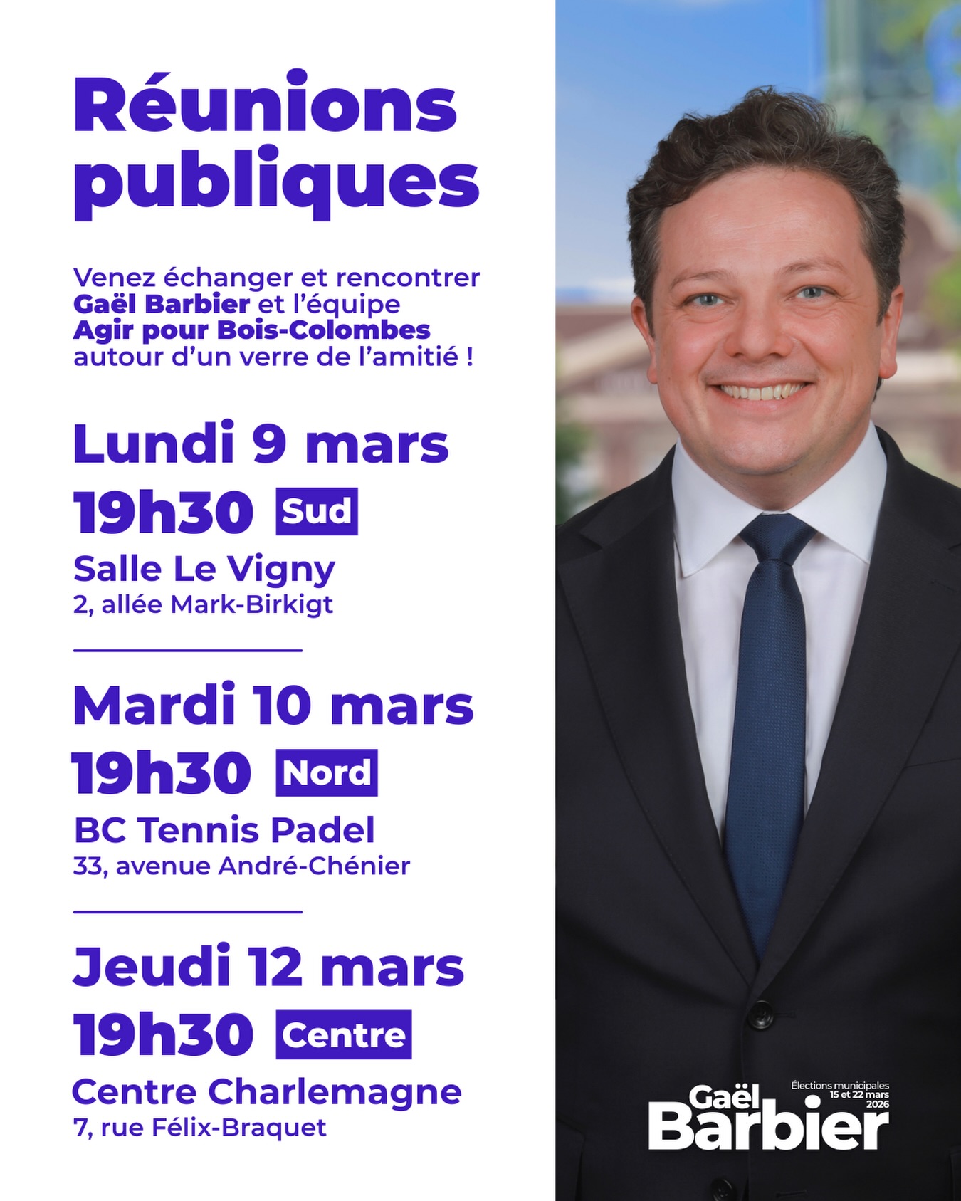 đš RĂUNIONS PUBLIQUES !
â
Venez Ă©changer et rencontrer GaĂ«l Barbier et lâĂ©quipe @agirpourboiscolombes autour dâun verre de lâamitiĂ© !
đ Lâoccasion de vous prĂ©senter notre programme, notre Ă©quipe et rĂ©pondre Ă vos questions.
3ïžâŁ dates dans les 3ïžâŁ quartiers :
- lundi 9 mars Ă 19h30 - Salle Le Vigny (Sud),
- mardi 10 mars Ă 19h30 - BC Tennis Padel (Nord),
- Jeudi 12 mars Ă 19h30 - Centre Charlemagne (Centre).
đ Nous vous attendons nombreux pour Ă©crire ensemble lâavenir de Bois-Colombes !
#agirpourboiscolombes #boiscolombes #reunion #debat
@amandine_chantala, @tomtous, @olivia_chamak, @stanouche, @sebbarth, @sego_dlg, @benegauthier, @gaelbarbier, @cvignon, @asr_paris, @nathandjen, @wik_srks, @myriam_fezaa, @marc_b_83_69, @ramette1901, @denisblanchard, @valeriemolandrino, @helenannabarbier, @alain.sion, @aymericlauss, @gagou_dancefit, @benilanondars, @artinianmikael, @sandrapanetta08, @lmorival, @vro64fleury56, @auxence.champ, @kryss.aln, @orytbismuth, @victoria_skrs, @franckprunus, @leveque1424, @gmomper92, @felicita_fra45204, @agirpourboiscolombes, @catherineagostini92, @aymeric_claussmann, @veronique_fleury2026, @georgesjmg, @chantal.m92, @kryss.alain, @segolene_lh