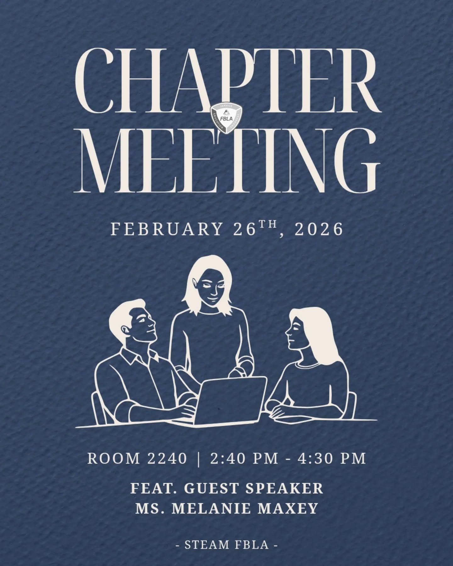 Chapter Meeting Reminder
We cannot wait for you to meet Ms. Melanie Maxey and learn about her career and journey as a business leader!
-
-
#chaptermeeting #reminder #guestspeaker #fbla #steamfbla
