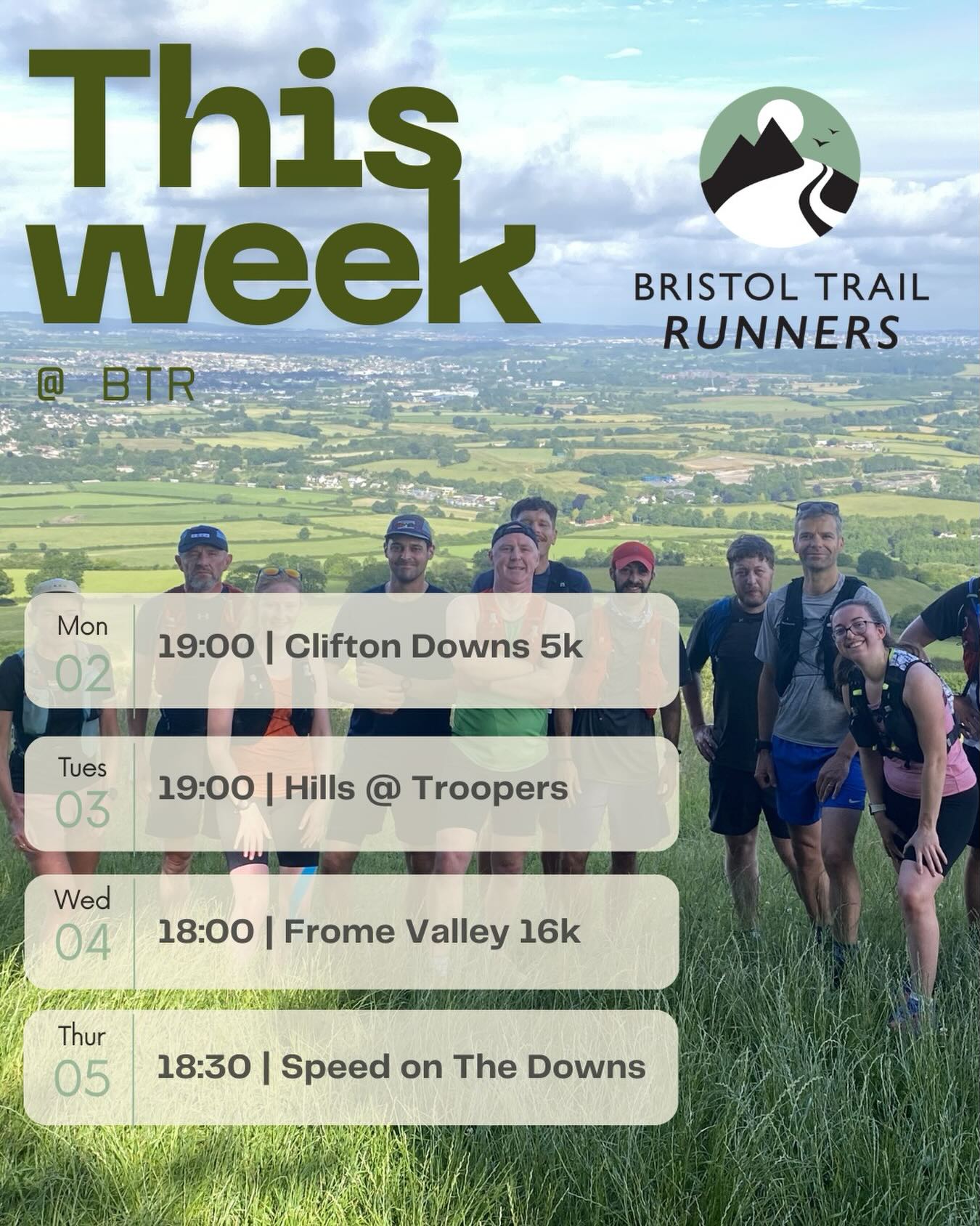 What’s happening this week
🏞️ Mon 02 March– 19:00 | Clifton Down5-ish K
Easy miles to loosen the legs and clear the head. A relaxed start to the week on mixed terrain.
🔥 Tues 03 Mar – 19:00 | Hills at Troopers Hill
Coached hill session focusing on climbing and descending technique. A proper Brizzle midweek fitness boost, suitable for all abilities.
🌿 Weds 04 Mar– 18:00 | Frome Valley 16K
Your midweek longer run. Steady trail miles through the valley with plenty of regrouping along the way.
💨 Thurs 05 Mar – 18:30 | Speed & Technique on the Downs
Coached trail-focused speed session, then straight into Fake Friday at the pub afterwards.
Not part of the crew yet?
Start your free 7-day trial and come try a run with Bristol Trail Runners.