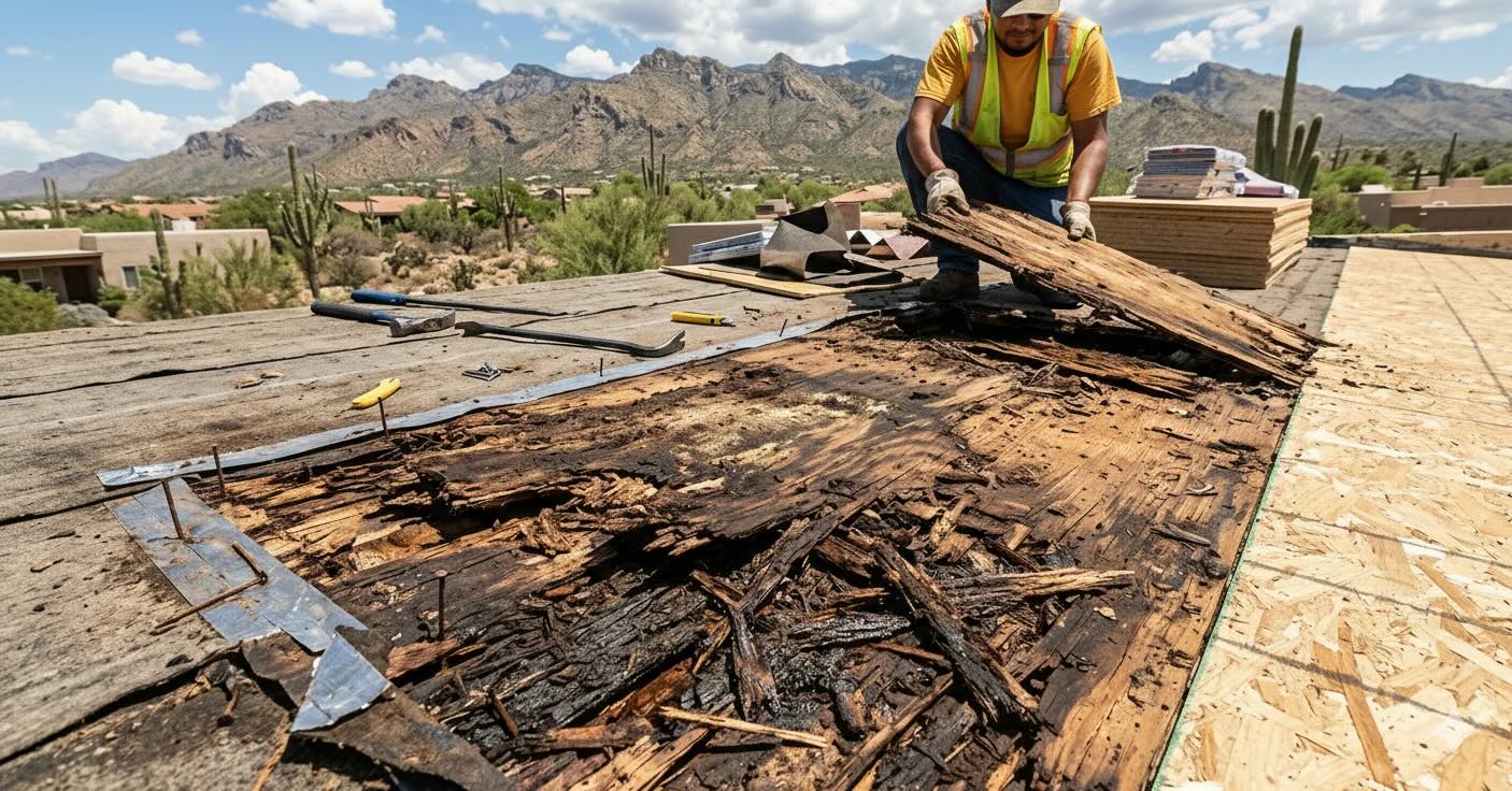What’s Hiding Under Your Roof? 👀
This is rotten plywood decking a common issue we uncover during roof replacements here in Arizona.
Here’s the deal:
Most homeowners have NO idea their roof decking is deteriorating until we peel back the layers. Years of Arizona heat, monsoon moisture, and small leaks silently destroy the plywood foundation of your roof.
Why this matters:
Slapping new shingles or tiles on top of rotten wood is like putting new tires on a car with a cracked frame. It’s not going to end well. 🚫
The decking is literally what holds your entire roof together. If it’s compromised, your new roof won’t last and worse, it could become a safety hazard.
What we do:
Every roof replacement starts with a full decking inspection. If we find soft, damaged, or rotted plywood, we replace it. No exceptions. No shortcuts. Just the right way to build a roof that’ll protect your home for decades.
Signs you might have decking issues:
🔴 Sagging spots on your roof
🔴 Water stains inside your home
🔴 Your roof is 20+ years old
🔴 Bouncy or soft feeling when walking on it
Bottom line: A quality roof replacement means fixing problems at EVERY layer not just what you can see from the street.
Got questions about roof decking or replacements?
Golden Roofing AZ
📍 Tucson & Southern Arizona
📞 (520)285-6262
Licensed • Bonded • Insured
#TucsonRoofing #RoofReplacement #HomeImprovement #RoofingEducation #TucsonAZ