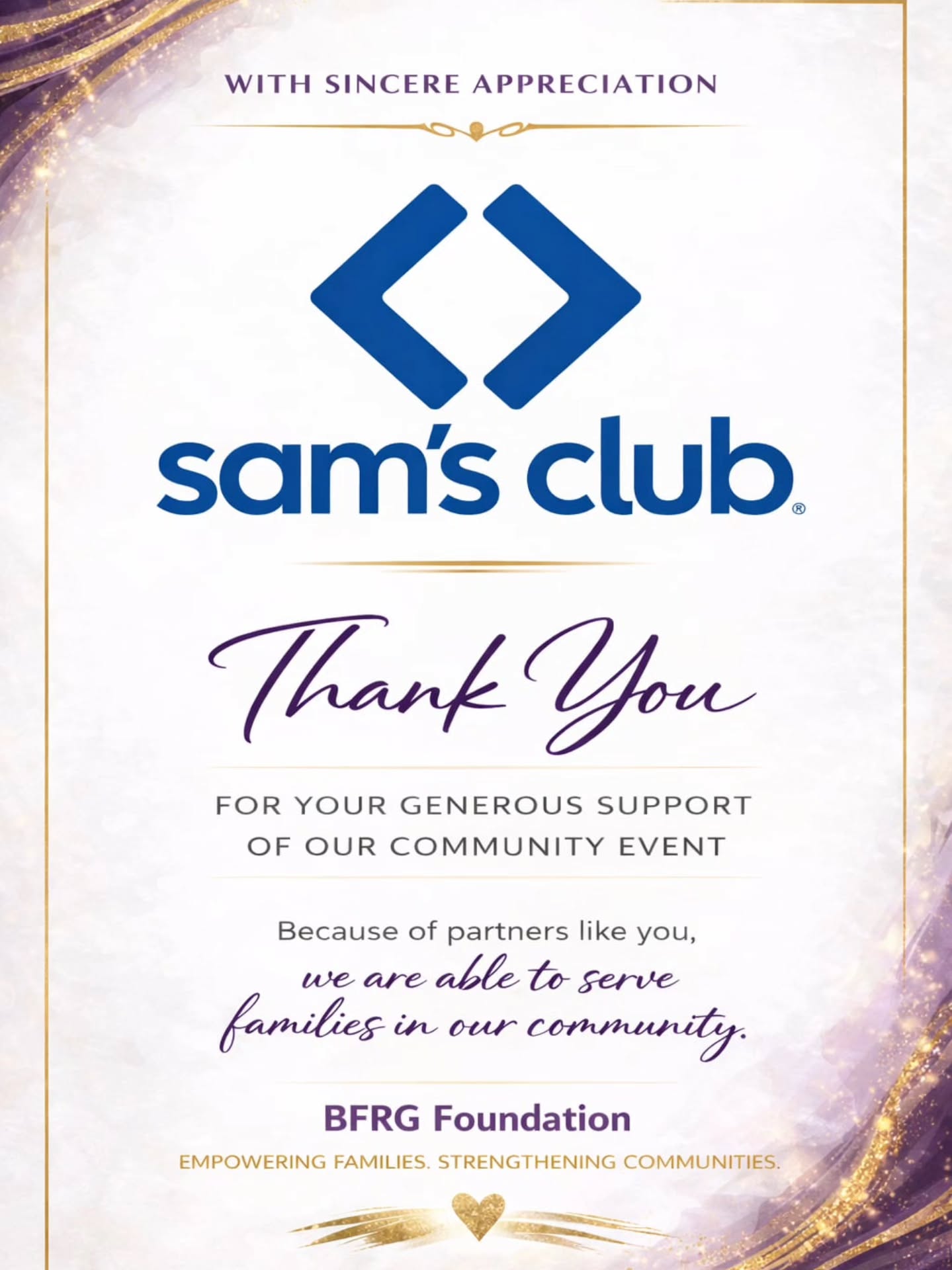 A HUGE thank you to Sam’s Club for supporting our event! 💙
Your generous donation helps us serve families and youth in our community with essential school supplies and resources. We truly appreciate your commitment to making a positive impact right here in the Inland Empire.
Community support like this makes everything we do possible. Thank you for standing with BFRG Foundation!
#CommunityStrong #BFRGFoundation #SamsClub #SparksGoodLocalGrant #ThankYou