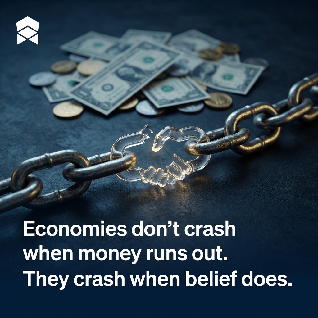 Money isn't scarce. Trust is.
Economies don't collapse when the money runs out—they collapse when belief does.
When confidence cracks, banks freeze. When trust disappears, currency becomes worthless paper. It's never really about the resources. It's about whether we believe in the system holding them together.
History shows us: bank runs, hyperinflation, market crashes—they all start with a shift in collective confidence, not actual scarcity.
So what keeps an economy standing? Not gold reserves or printed notes. Trust. Expectations. The shared belief that tomorrow, this will still mean something.
What do you reckon—can trust be rebuilt once it's broken?
Let's discuss below. 👇
#EconomicsExplained #TrustEconomy #FinancialLiteracy #EconomicInsights #Economedia