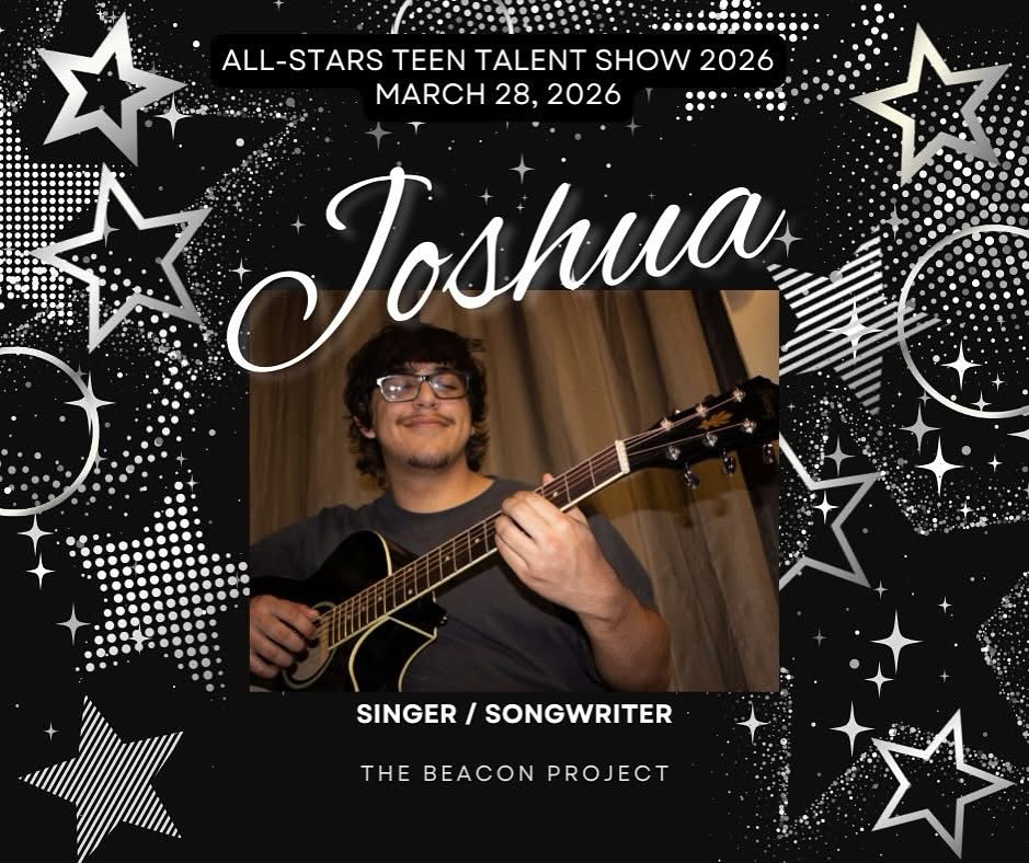 The spotlight is set, and Joshua is ready to shine! ✨
Thank you for bringing your talent to the ALL-STARS TEEN TALENT SHOW 2026!
Catch Joshua’s performance at the ALL-STARS TEEN TALENT SHOW, benefiting The Beacon Project.
🎟️ Get your tickets at thebeaconproject.org, cheer on incredible teen talent, bid on exclusive auction items, win exciting raffle prizes, and help us fight hunger, hardship, and homelessness among local teens.
March 28th, don’t miss it!
#teenssupportingteens