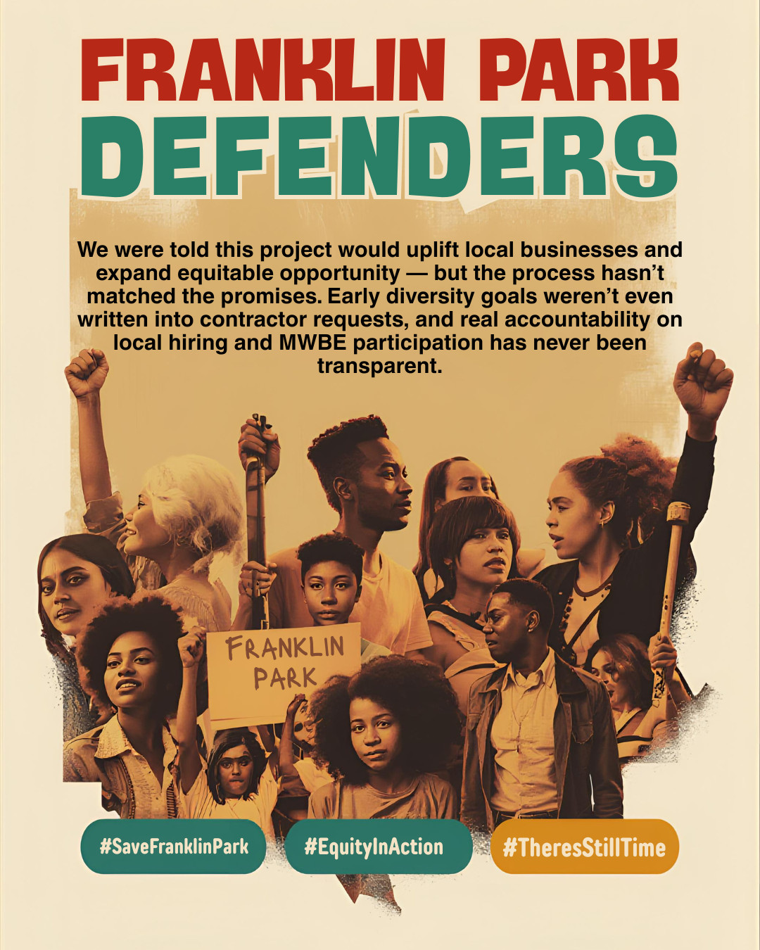 We were told this project would uplift local businesses and expand equitable opportunity — but the process hasn’t matched the promises. Early diversity goals weren’t even written into contractor requests, and real accountability on local hiring and MWBE participation has never been transparent.
A community-led project means real inclusion, not headlines. That starts with enforceable commitments — not aspirations.
Franklin Park and its surrounding neighbors deserve better.
Read full article on White Stadium diversity in linktree
#SaveFranklinPark #EquityInAction #TheresStillTime