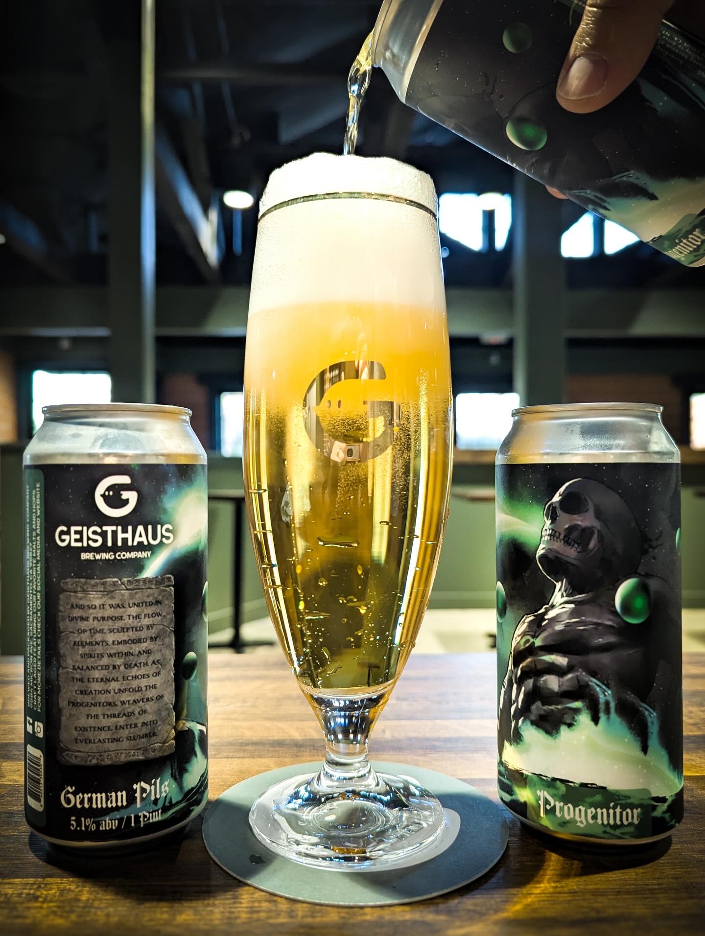 And so it was. United in divine purpose. The flow of Time, sculpted by Elements, embodied by Spirits within, and balanced by Death. As the eternal echoes of creation unfold, the Progenitors, weavers of the threads of existence, enter into everlasting slumber.
Progenitor. German-style Pils. 5.1%
A refreshingly crisp and aromatically charged southern-style Pils. Mashed with 100% Weyermann Pilsner malt. Generously hopped with late kettle and whirlpool additions of Mittelfrüh and Tettnanger. Natural carbonation captured by spunding and lagered until peak freshness in our horizontal tanks. Crispy sourdough loaves and fresh herbs spritzed with lemon.
Now available in half-liter and 0.3 liter pours off long-neck @lukr.cz faucets and 4-packs to-go.