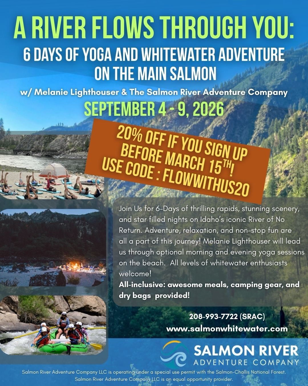 We’ve got a special deal going for the first 8 people booked till March 15th! (Currently just 4 discounted spots left!!) use code : FLOWWITHUS20 for 20% off this incredible journey.
You are invited to join us for six days of thrilling rapids, stunning scenery, and Star filled nights on Idaho‘s iconic river of no return! Adventure, relaxation, and nonstop fun are all part of this journey.
I will be bringing morning and evening optional yoga sessions to warm up and unwind the body/mind/spirit and help us connect deeper to the elements of earth, water, air, and fire.
All levels of Whitewater enthusiasts welcome!
Grab your spot through the link in my bio!
#whitewater #adventure #yogaandpaddling #adventurevacation #nature