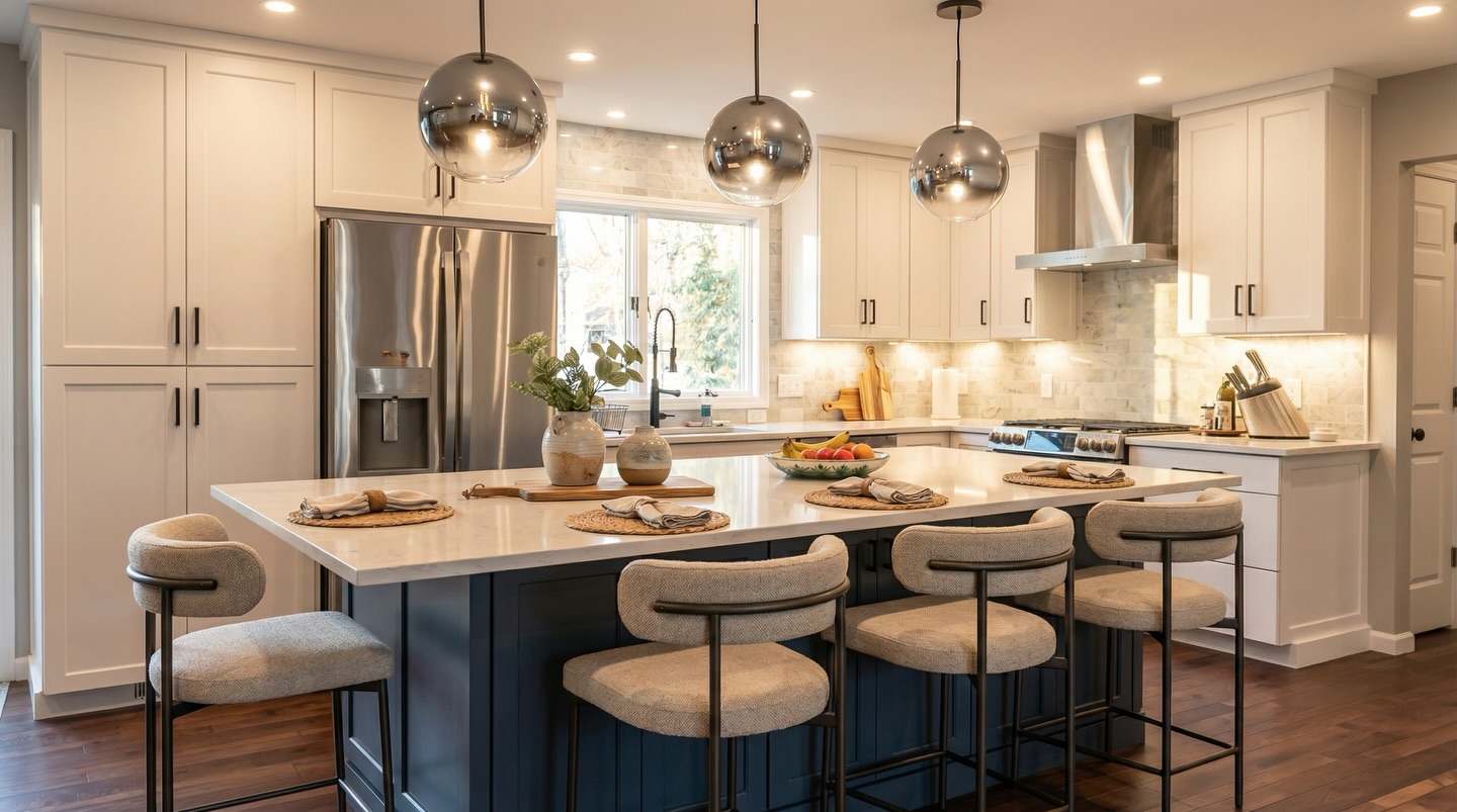 If you’re staring at a space that feels stuck in another decade, we can change that, just like we did for this kitchen. From dark and dated to bright and open.
We ditched the heavy cabinets and old layout, opened it up, and gave it a clean, modern feel that actually worked for the family. Bigger island, better lighting, way more function. Same house — completely different kitchen.