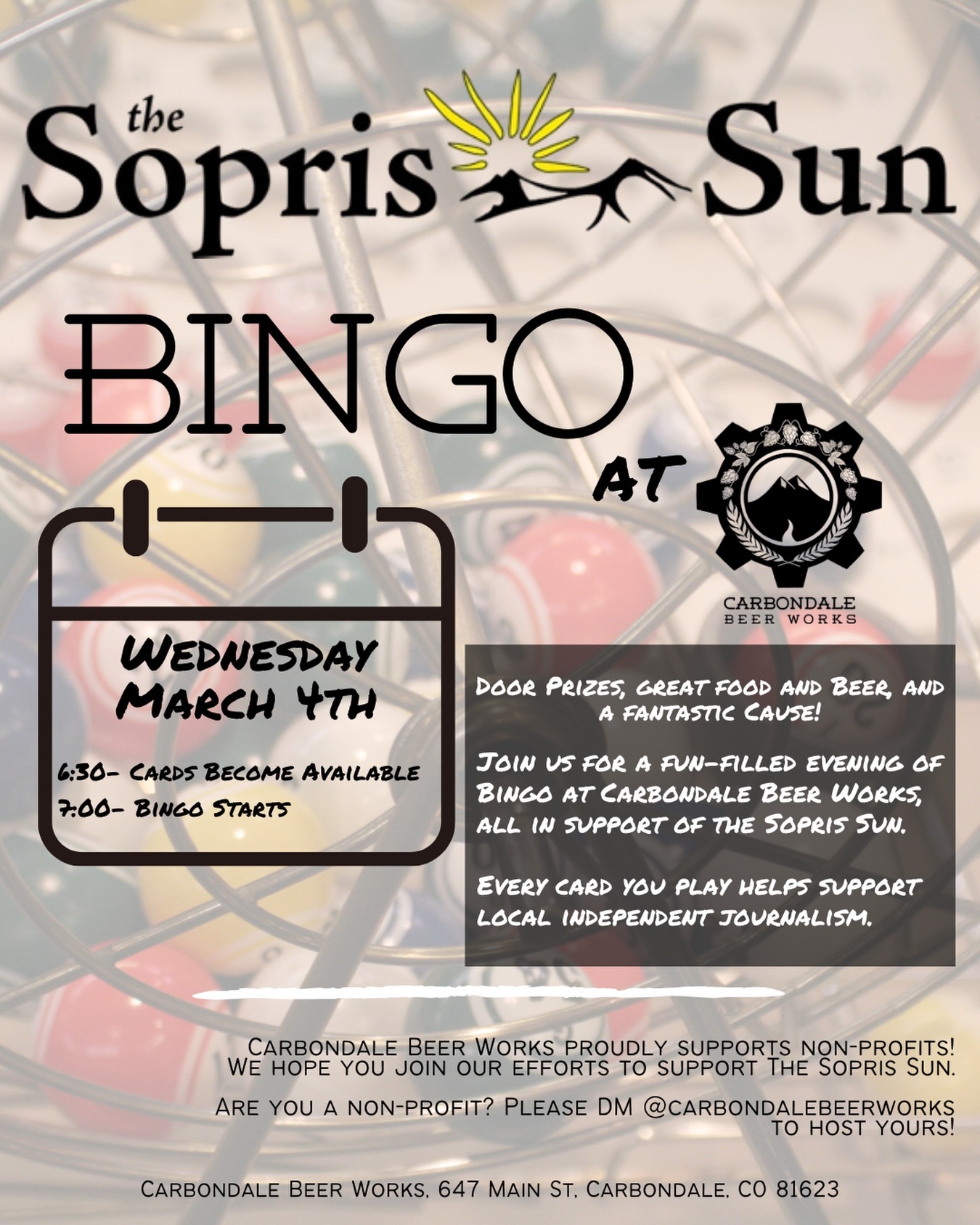 Come support the @soprissun this Wednesday by playing BINGO at @carbondalebeerworks starting at 7:00! Come on in at 6:30 to grab a table, drinks, and food!
All Bingo card sales go to supporting local independent journalism with the @soprissun
#carbondalebeerworks #bingo #soprissun