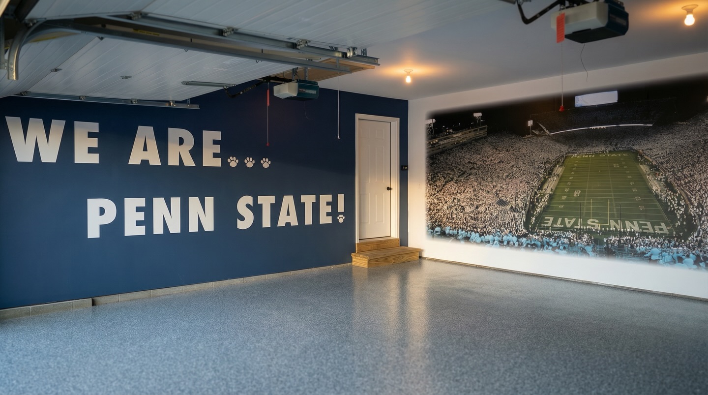 This garage went from storing boxes and bikes to being game day ready!
We love transforming overlooked spaces into something you actually want to walk into — whether that’s custom walls, bold graphics, or turning your garage into the ultimate Penn State welcome zone. If you’ve got a boring garage, we’ve got ideas.
Let’s make it a space you’re proud to open up when friends come over. Hit us up!
