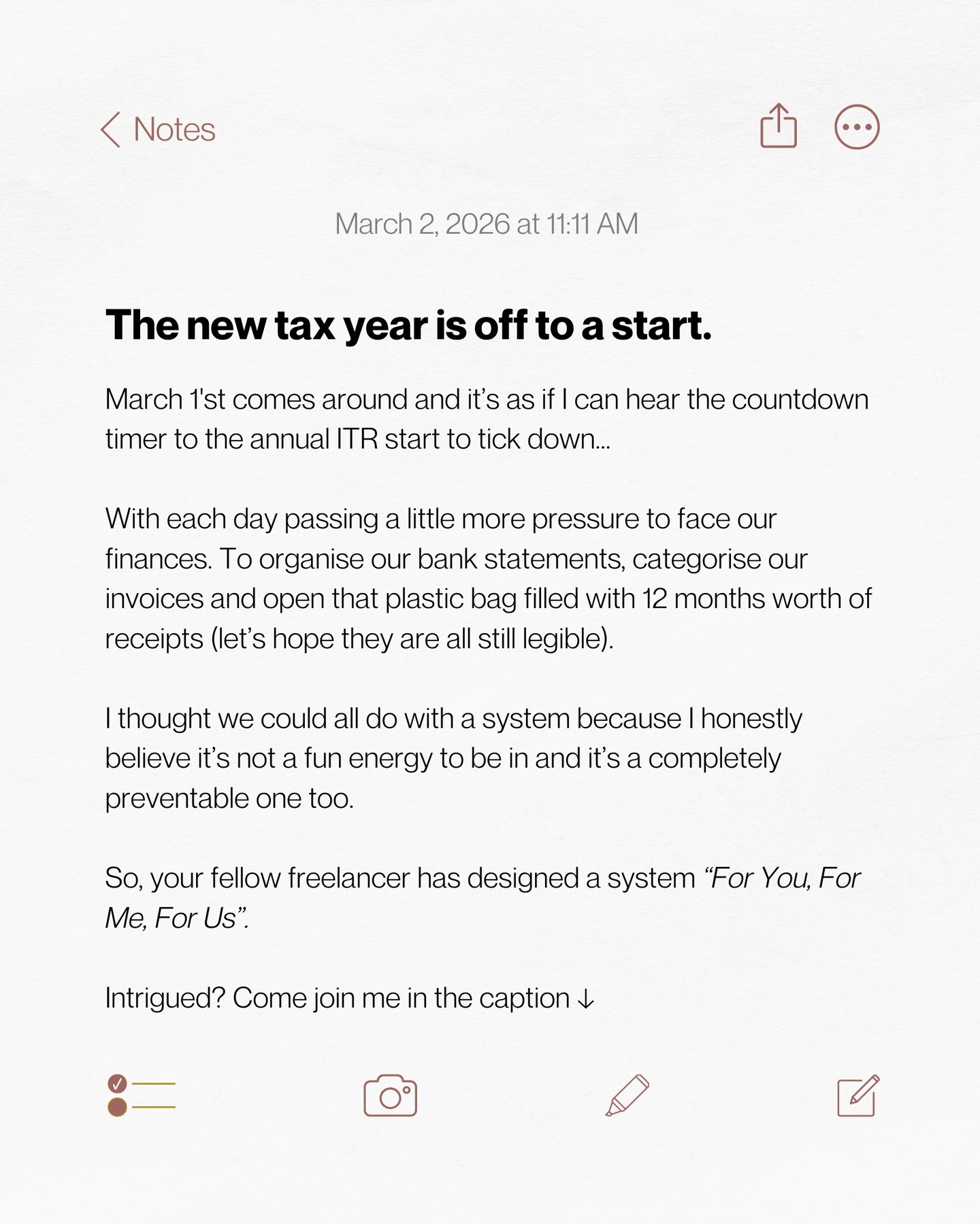 Being a Freelancer myself for my entire professional career I’ve always wondered → how does everyone else out there do it?
Living invoice-to-invoice some months, with monthly totals up and then down inconsistent at most
SO
↓
🙈 How do they log all there income sources in a way that makes sense?
🙈 How do they know which potential deductibles to log?
🙈 How do they present all this information in a cohesive way that makes sense to their Tax Practitioner on submission?
I’ve spent over 10 years perfecting this system and building the habits that make this an empowering and accountable way to approach logging my finances and income related expenses.
And I am officially ready to share it with you as a digital product that I know will be beneficial to you too.
As I finalise the final bits and pieces in time for the launch date THIS MONTH!!!!
I invite you to go click on the link in my bio to learn more - there will be a launch month special price so if you keen to change the way you manage and structure your freelance income and expenses be sure to FOLLOW this page.
Thank you kindly!
from your organised new friend and fellow freelancer, Roxanne