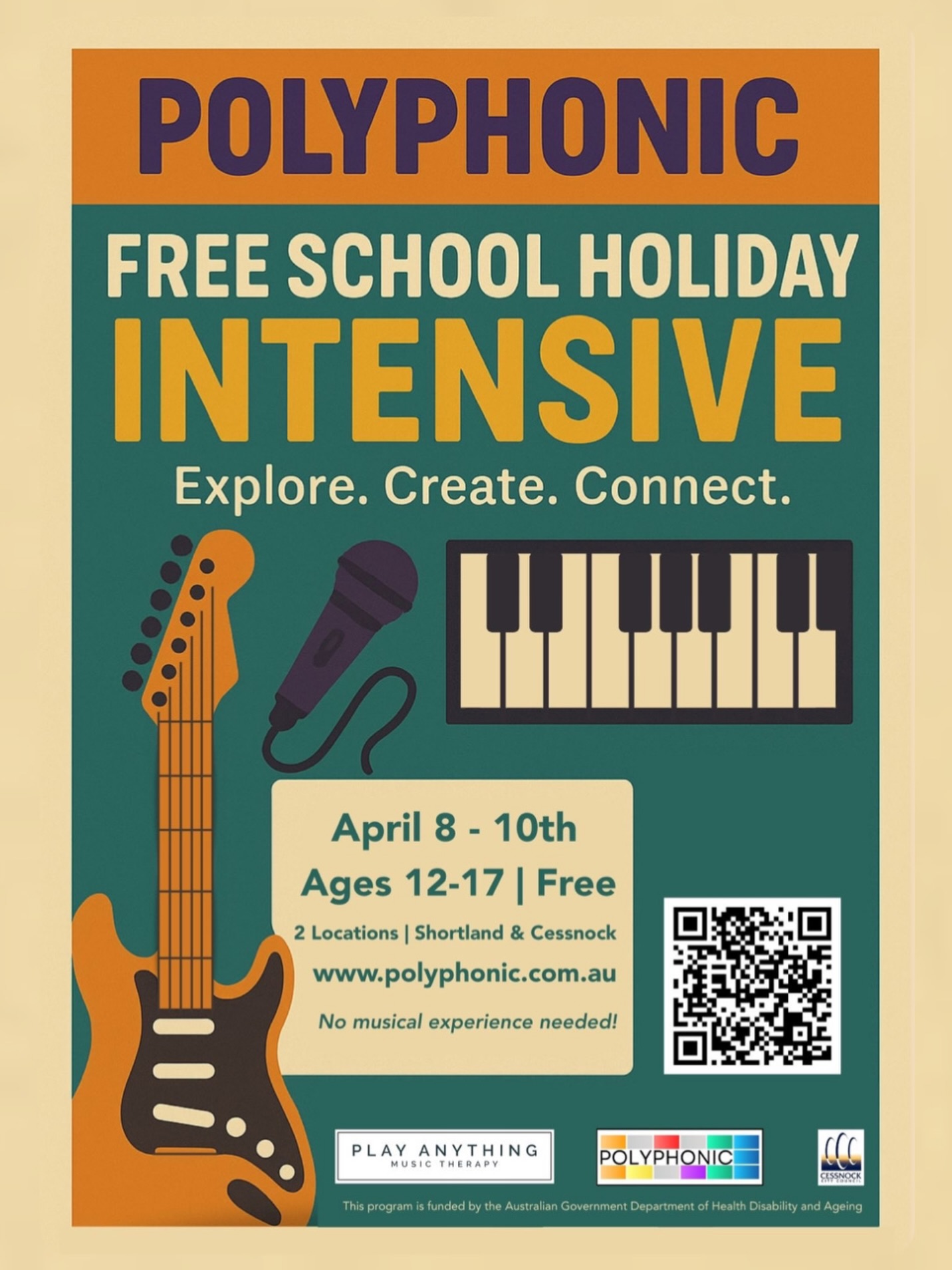 🎶 APPLICATIONS OPEN! 🎶
Want to stop scrolling music this school holidays and actually make some?
Polyphonic is a free three-day music program for 12–17 year olds who want to experiment with sound and create music in a relaxed, supportive space.
Whether you’re already writing and creating music or have never picked up an instrument, this program has plenty for everyone.
Across three days, you’ll explore instruments, music tech and songwriting, work alongside other young people, and bring your ideas to life with support from two registered Music Therapists.
And to top it all off, there’ll be a live concert on April 11 where participants can share what they’ve created.
Choose from two Newcastle/Hunter locations.
📍 Shortland (Play Anything Music Therapy)
📍 Cessnock (CYCOS)
📅 April 8–10, 2026
🎶 2-hour sessions each day
✅ Completely free
We welcome young people with disability and are committed to making this a genuinely inclusive space.
Spots are limited!
Sign up via the link in bio.