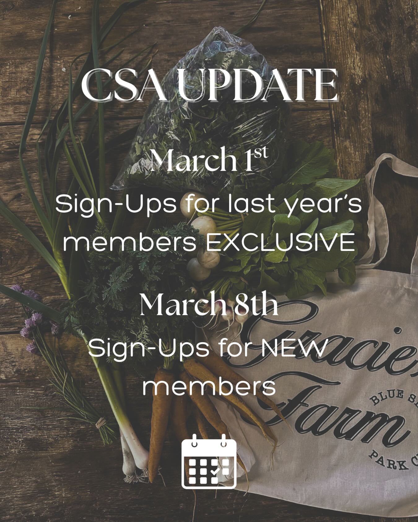 CSA UPDATE 📆
We’re giving last year’s members exclusive early access to sign-ups starting March 1st. It’s our way of saying thank you for growing with us! 🌿
New member sign-ups open March 8th
We have some really exciting add-on options in the works - stay tuned!