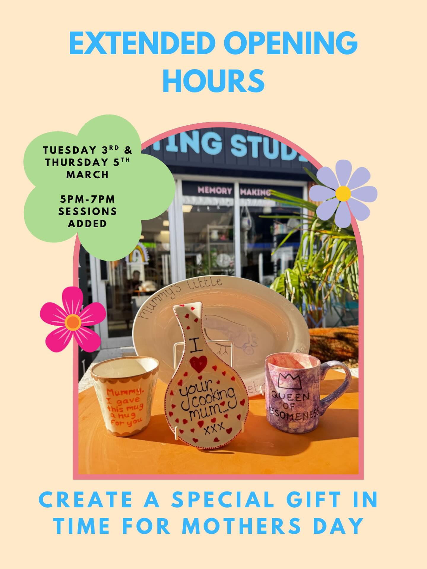 Later hours next week so you can bring your little ones after work and ensure they have created the perfect gift, ready to be collected before Mothers Day.
Don’t leave it until the last minute, make something special Tuesday 3rd or Thursday 5th March open until 7pm.
Book now https://www.topofthepots.co.uk/reservations
#potterypainting #paintyourownpottery #instapottery #mothersdaygifts #dadsofinstagram