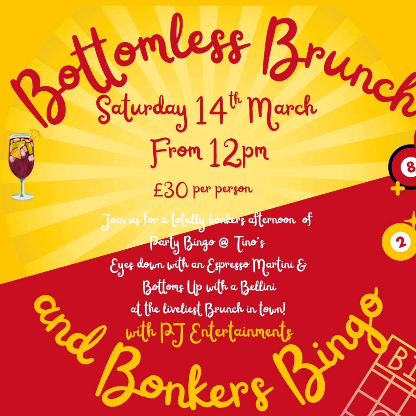 Oooh have we got a fun one for you! Our Bottomless Brunch, but better! Join us on the 14th March for our always awesome Bottomless Brunch but this time, with Bonkers Bingo! Hosted by PJ Entertainments it's guaranteed to be a good time!
☎️📧 or drop us a message and book your table 🍸🍹