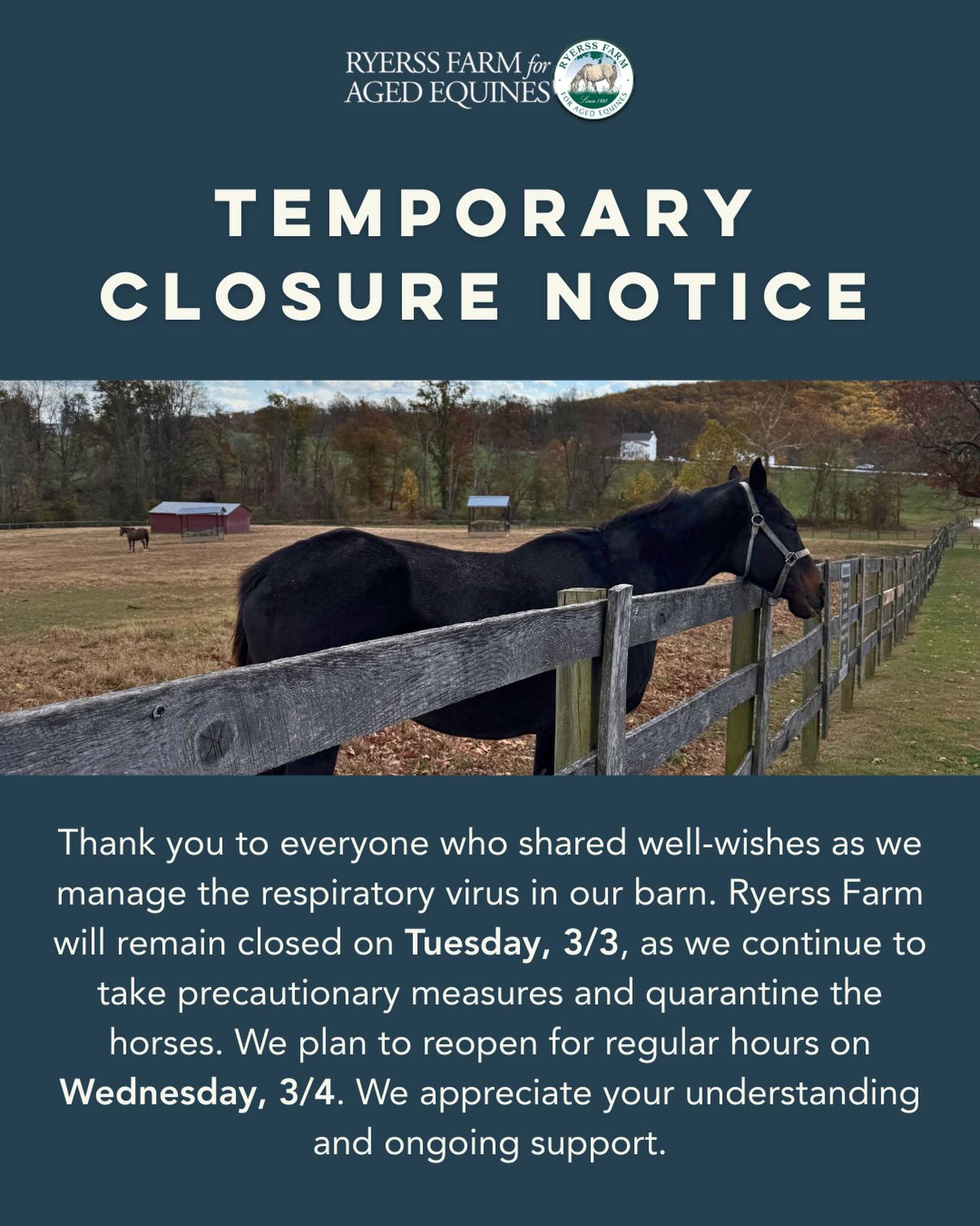 TEMPORARY CLOSURE NOTICE: Thank you to everyone who shared well-wishes as we manage the respiratory virus in our barn. 💚🐴 Ryerss Farm will remain closed on Tuesday, 3/3, as we continue to take precautionary measures and quarantine the horses. We plan to reopen for regular hours on Wednesday, 3/4. We appreciate your understanding and ongoing support.