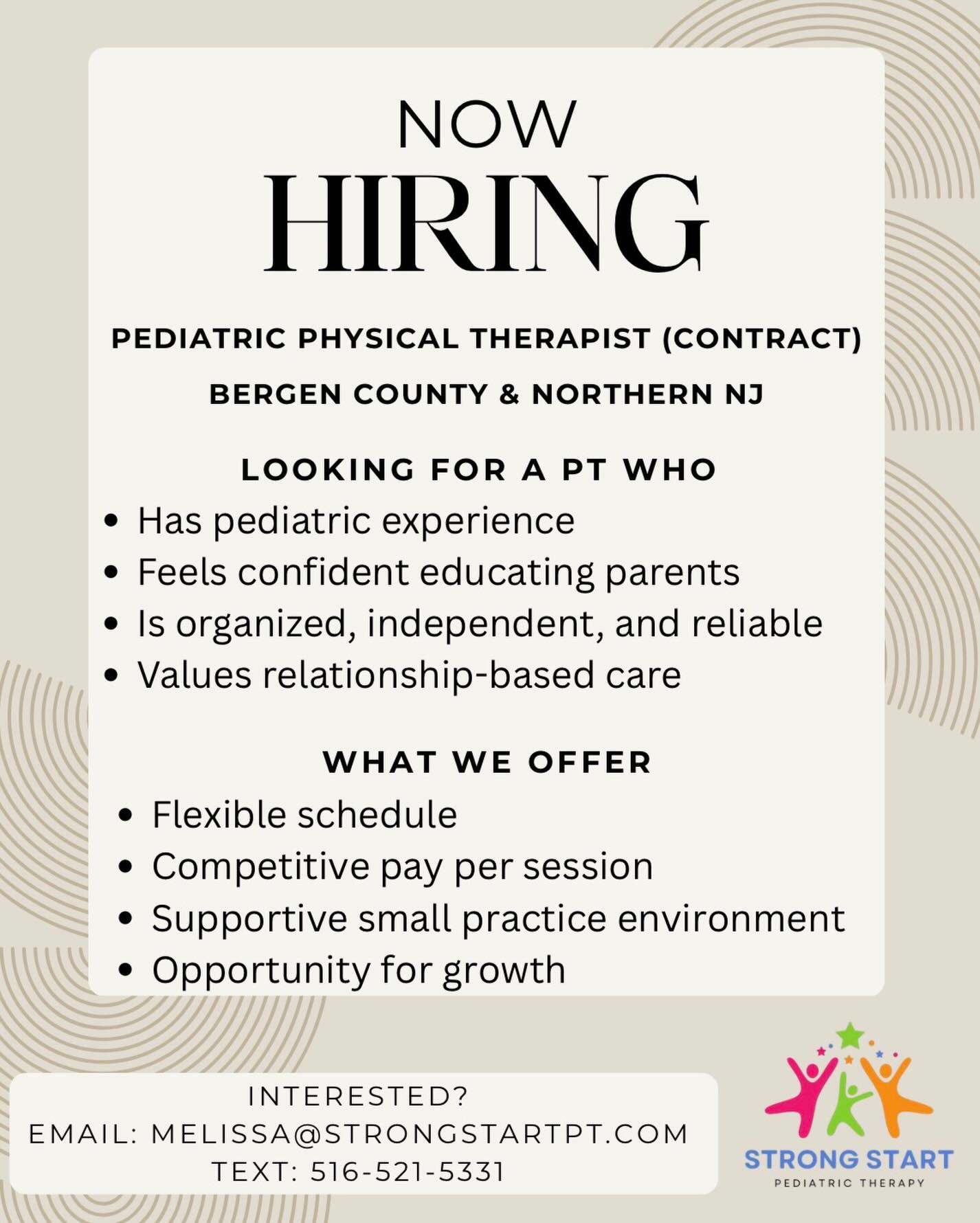 🎉NOW HIRING! 🎉
Strong Start Pediatric Therapy is growing and my heart cannot be more full 🤍
✨Details above
💌Contact me fore more information
🔁Please share with anyone who may be a good fit
#PediatricPhysicalTherapy #StrongStartPediatricTherapy #NJPhysicalTherapist #NorthernNJ #Growth