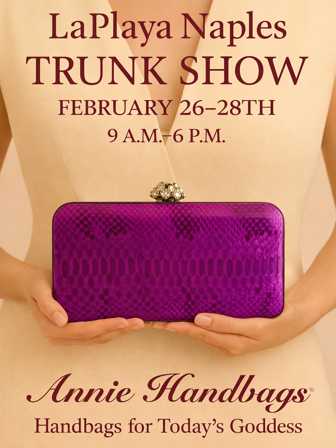 We’re back at @laplayanaples this week. ✨
Join us at LaPlaya Beach & Golf Resort for our exclusive trunk show
📍 February 26–28
🕘 9 A.M. – 6 P.M.
Discover one-of-a-kind, hand-finished statement pieces — from sculptural minaudières to goddess-worthy classics — designed for Today’s Goddess™.
See them. Feel them. Fall in love in person.
We can’t wait to see you. 🤍
#AnnieHandbags #LaPlayaNaples #NaplesFlorida #TrunkShow #LuxuryHandbags HandbagsForTodaysGoddess ResortStyle NaplesEvents