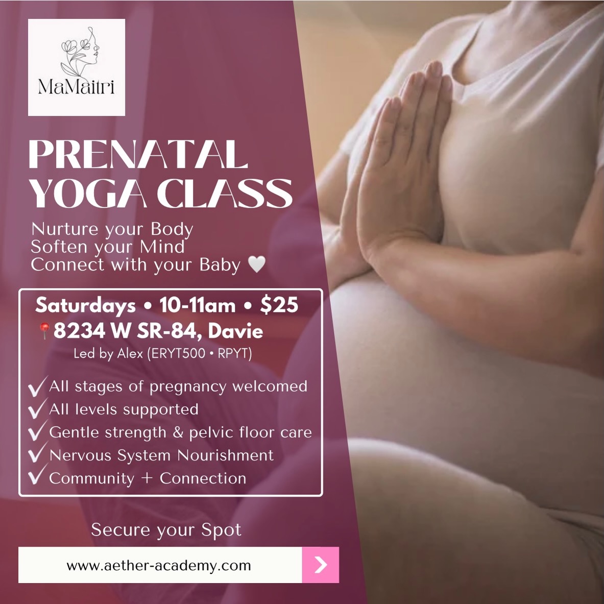 Nurture your body. Soften your mind. Connect with your baby. š¤
Join me for Prenatal Yoga every | Saturday 10ā11am
A sacred space to move, breathe, and prepare for birth with confidence and calm;
⨠All stages of pregnancy welcome
⨠All levels supported
⨠Gentle strength, pelvic floor awareness & nervous system nourishment
⨠Community + connection
$25 drop-in
š 8234 W SR-84, Davie
Led by Alex (ERYT500 & RPYT)
Secure your spot:
www.aether-academy.com/programs
Tag a mama who needs this š
#PrenatalYoga #DavieFL #ConsciousPregnancy #MaMaitri