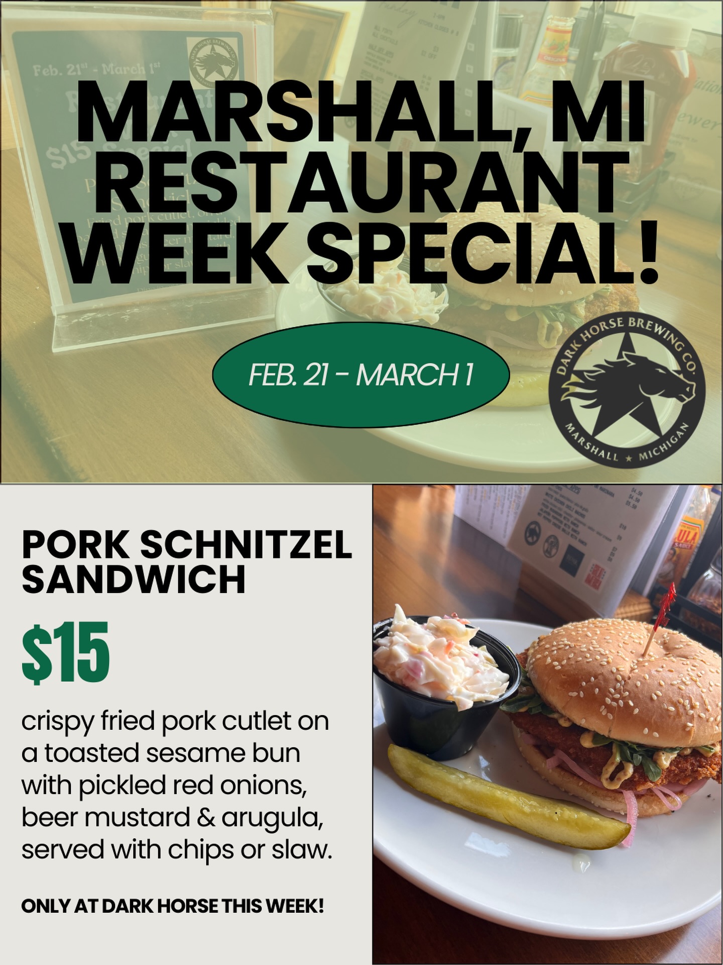 It’s Restaurant Week in Marshall, and we’re celebrating with something delicious ✨
Grab our $15 Pork Schnitzel Sandwich — crispy pork cutlet, beer mustard, pickled red onions & arugula on a toasted sesame bun with chips or slaw.
Come for the special, stay for the good vibes (and maybe a pint 🍺)!
#ChooseMarshall #EatLocal #DarkHorseBrewery