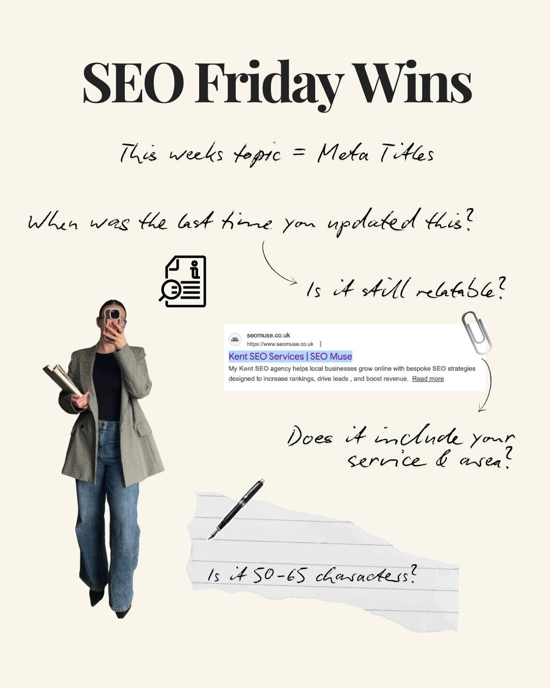 This weeks SEO Friday Wins is 'Meta titles'
Meta titles are the first thing your audience see's when they're in Google Search.
You don't get many characters so you've got to make them worthwhile.
From just 50-65 characters, you're going to need to highlight your service, area and if you have room - your business name.
If you're local and want to get found for your service, I would recommend using a keyword in your title like this 'SEO Consultancy Service in Kent'
Very similar to Google Ads - Your title's and descriptions need to captivate your audiences attention.
Today's task is check what your title is and ask yourself the following:
- Is this relevant?
- Do I want to get found for this?
- Will this make my ideal customer want to find out more on what I do?
- What are my competitors doing?
Give this small adjustment a go and measure your progress over the coming weeks.