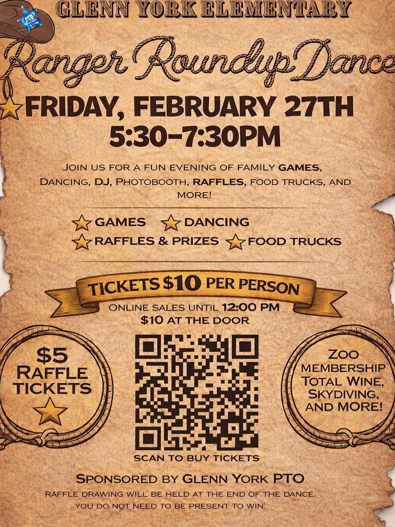 It’s Ranger Roundup Day! 🤠
Join us tonight from 5:30–7:30 PM for an evening of:
⭐ Games
⭐ Dancing
⭐ Raffles
⭐ Food trucks
🎟 Tickets are $10 per person
Buy online until 12 PM or pay $10 at the door
See y’all tonight! 🎉