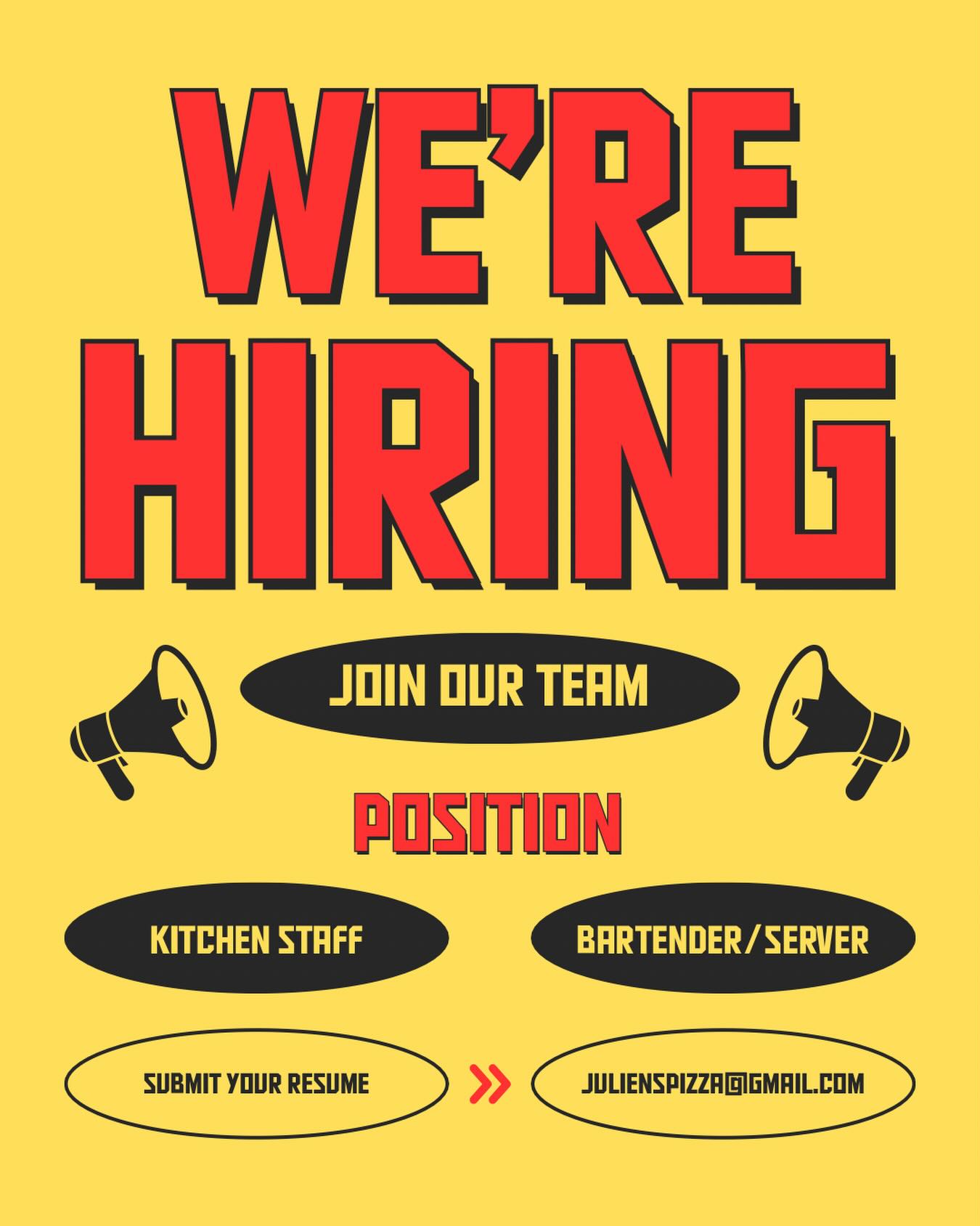WE’RE HIRING! We are looking for a part-time line cook who is available to work during the evening rush, around 4:30-9 Tuesday-Saturday. Weekdays are flexible but Friday and Saturday are a must. Potential to pick up more hours in the summer with prep shifts and management of our snack bar at the town pool.
We are also looking for two part-time bartenders/servers. Must be 18+ and have experience with cocktails. Shifts are 3-8 and 6:30-10:30/12:30 depending on the day.
Experience is preferred for both positions! Please e-mail resumes to Julienspizza@gmail.com