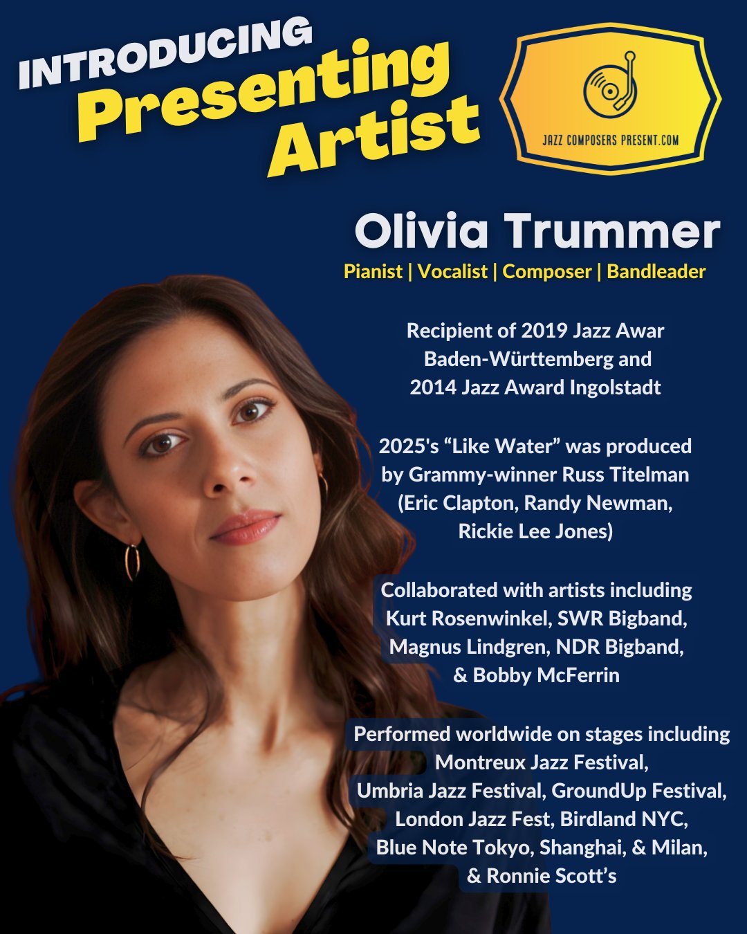 JazzComposersPresent.com is excited to announce our next guest Presenting Artist. Olivia Trummer @oliviatrummer is an award-winning pianist, vocalist, & composer.
Olivia Trummer will be presenting a Composer Spotlight on Wednesday, March 18th, 2026, for JazzComposersPresent.com members. The event will conclude with a live Q&A. View our complete calendar: {link in bio}
#oliviatrummer #composerspotlight #likewater #womeninjazz #pianist #singer #russtitelman #classicalmusic #genrebending #jazz #jazzcomposition #jazzcomposer #jazzcomposerspresent #composer #arranger #composition #arranging #compositions #masterclass #jazzmusic #lesson #minilesson #learnjazz #musician #music #bigband #nomusicnolife