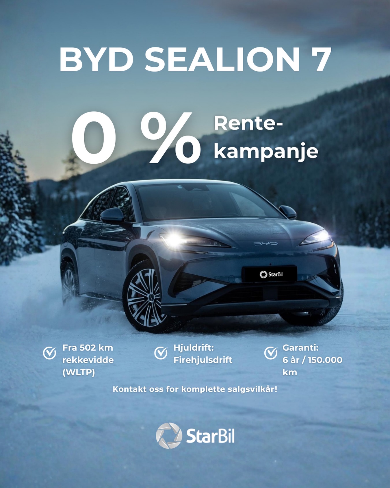 0% rentekampanje?!
Nå kan du gjøre et knallgodt kjøp på BYD Sealion 7 4x4 🔥 En rå elbil med god rekkevidde, drømmekomfort og spekket med utstyr - helt UTEN renter!
Gjør et kupp på Sealion nå - kjøp eller leasing 0% rente*😍 Gjelder kun en begrenset periode, sikre din bil!